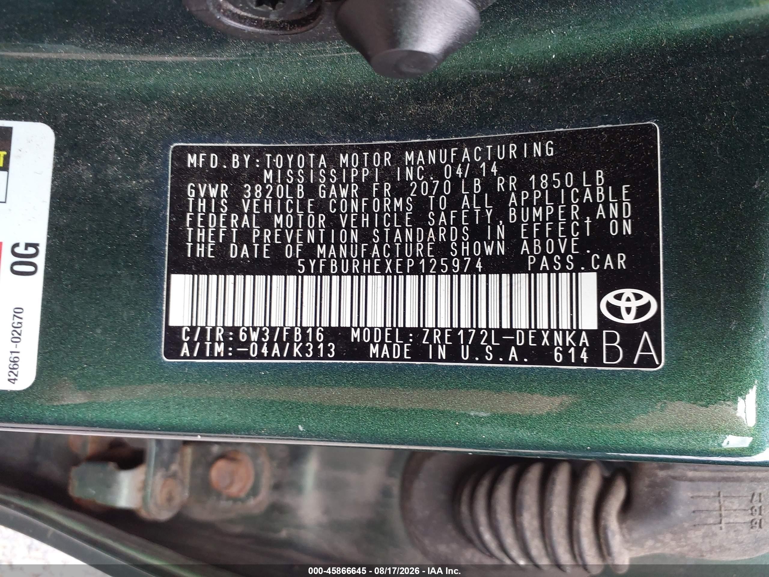 2014 Toyota Corolla Le Green vin: 5YFBURHEXEP125974