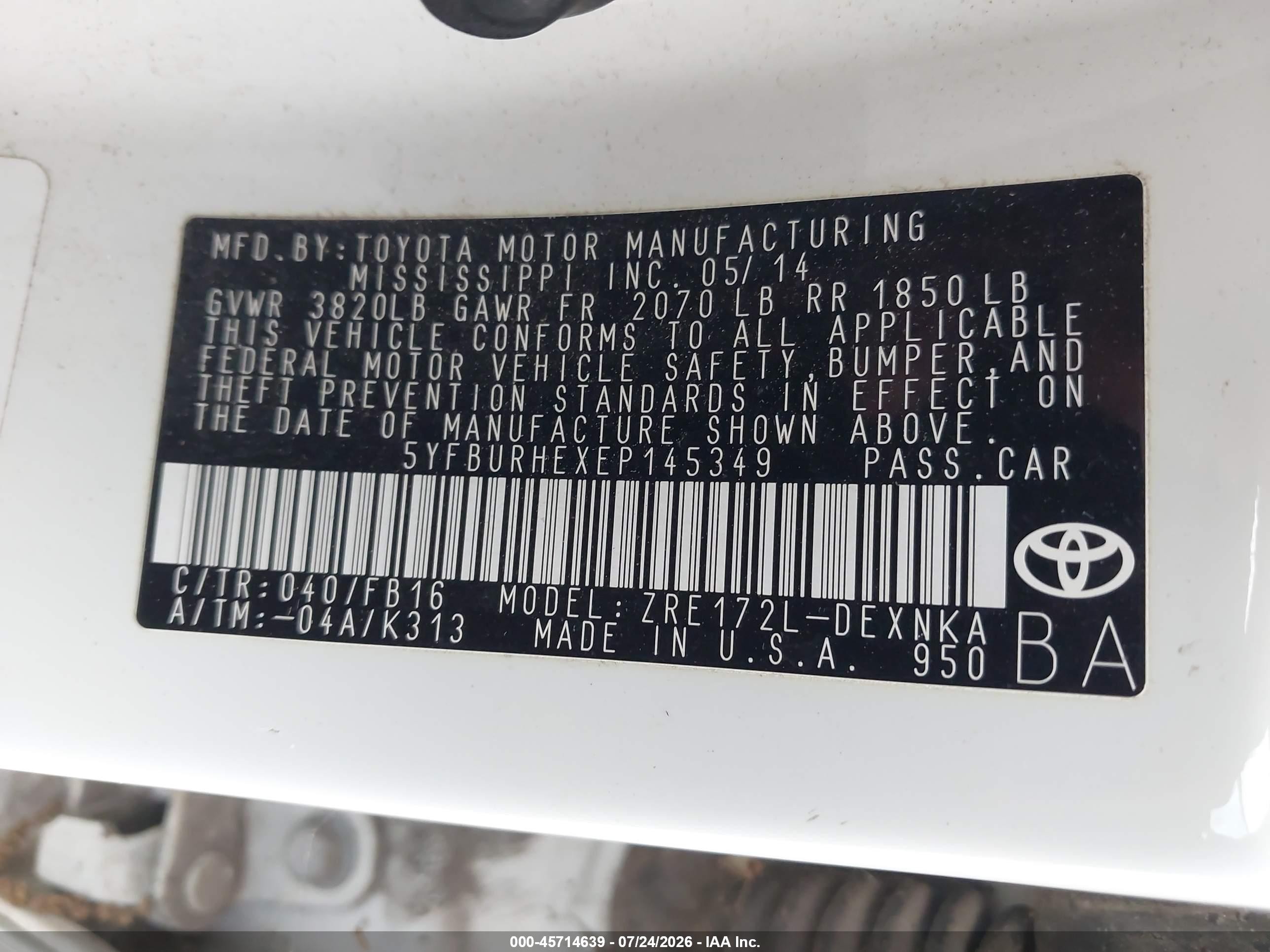2014 Toyota Corolla Le White vin: 5YFBURHEXEP145349