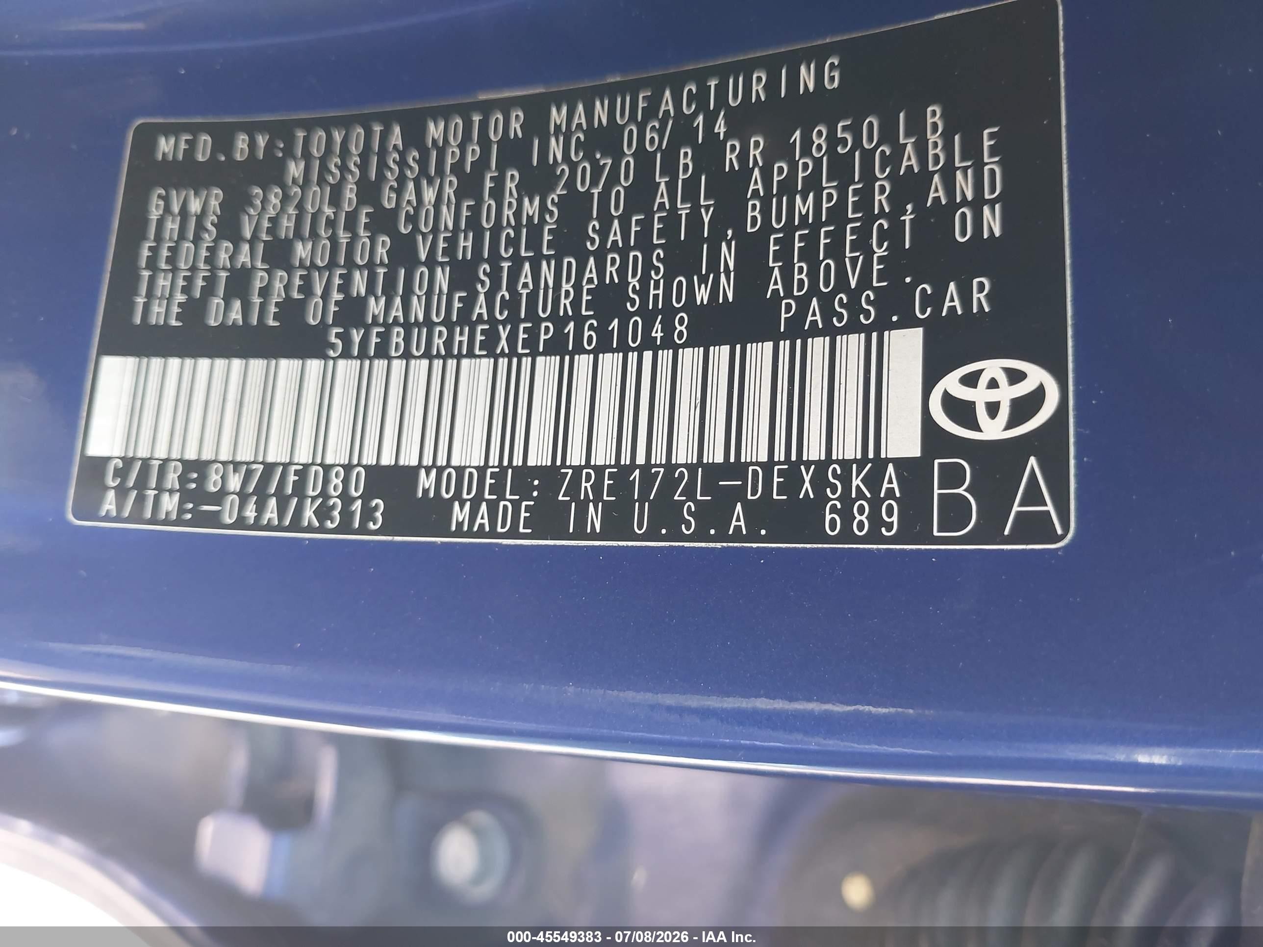 2014 Toyota Corolla S Plus Blue vin: 5YFBURHEXEP161048