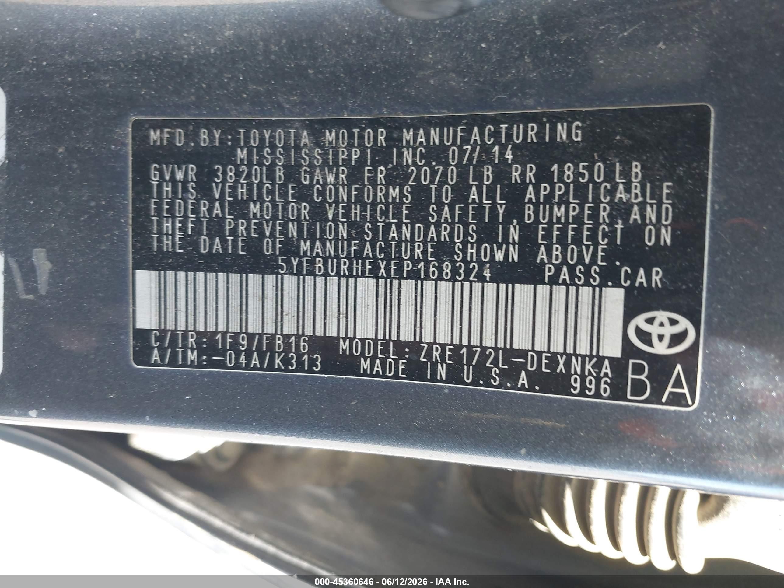 2014 Toyota Corolla Le Gray vin: 5YFBURHEXEP168324