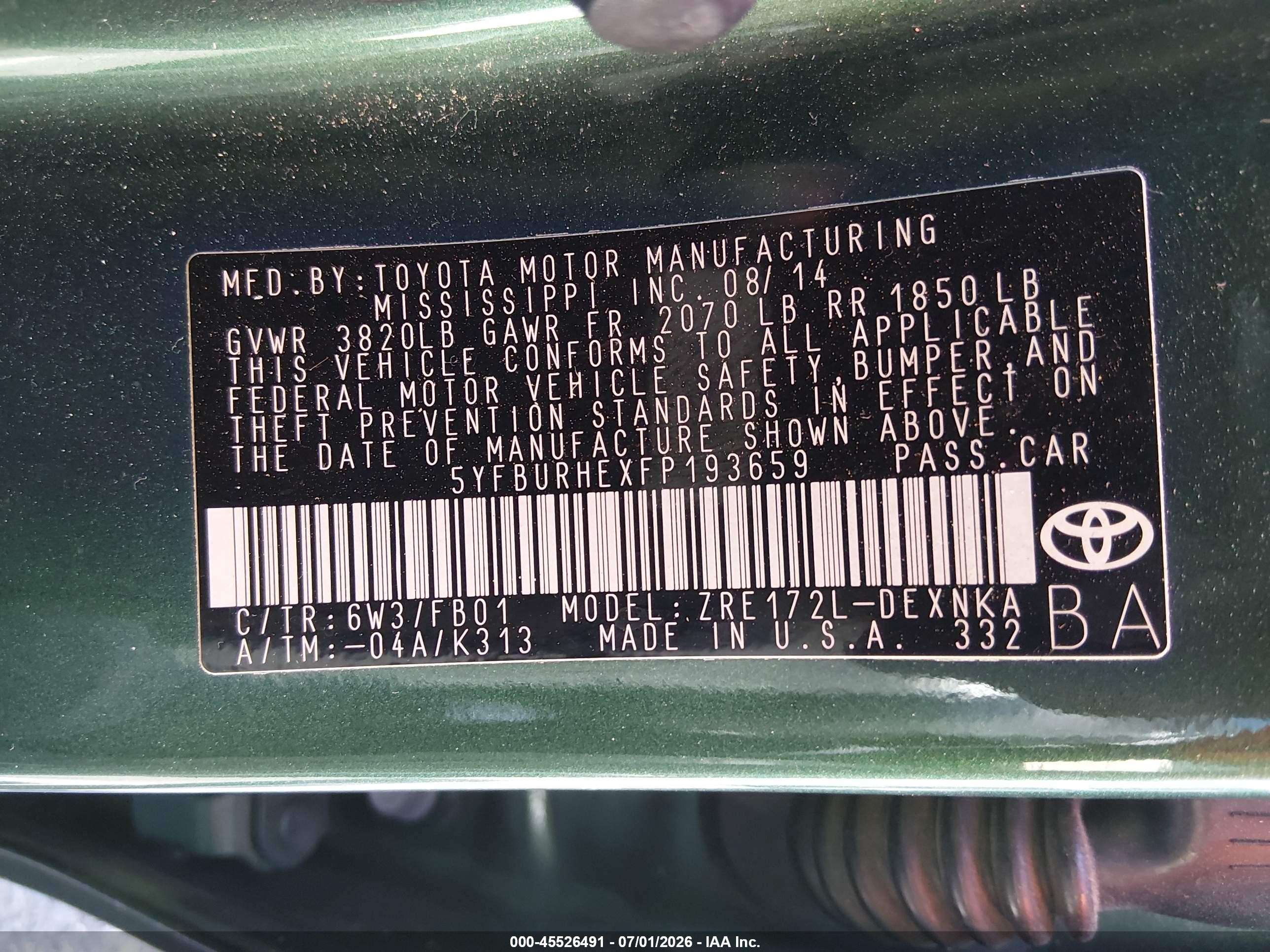 2015 Toyota Corolla Le Green vin: 5YFBURHEXFP193659