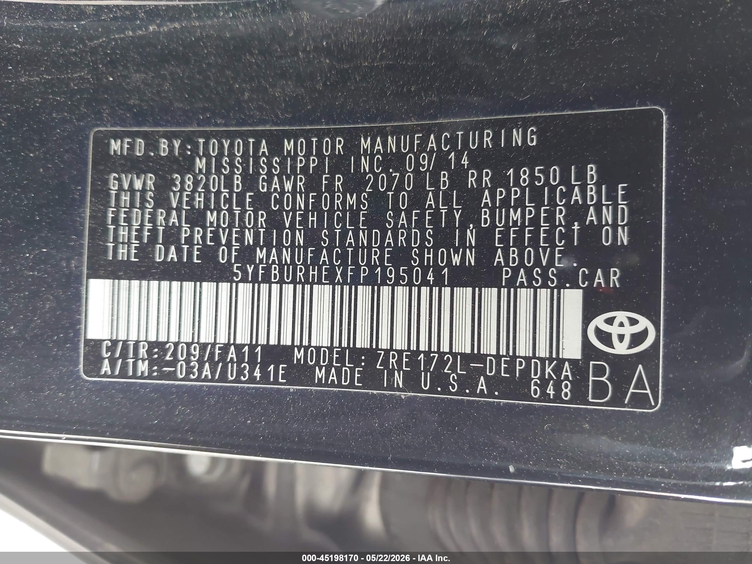 2015 Toyota Corolla L Black vin: 5YFBURHEXFP195041