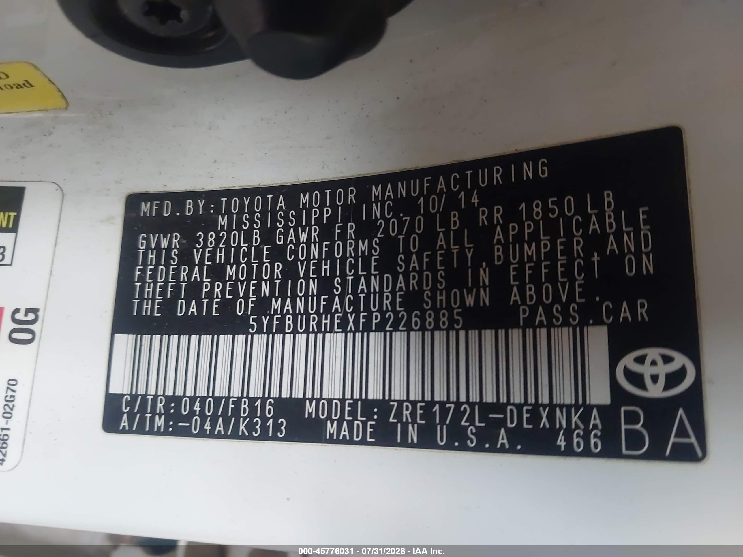 2015 Toyota Corolla Le Белый vin: 5YFBURHEXFP226885