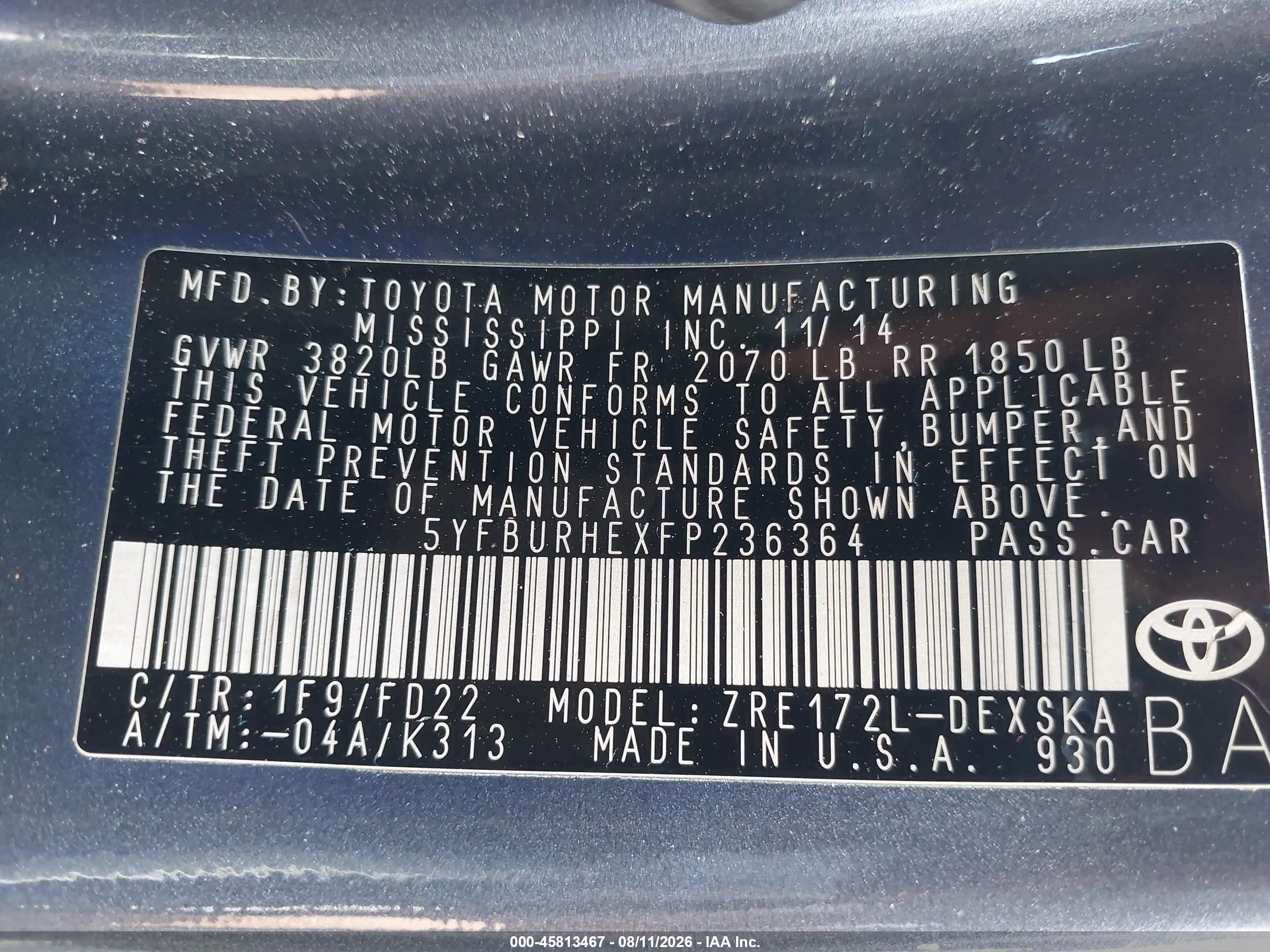 2015 Toyota Corolla S Plus Gray vin: 5YFBURHEXFP236364