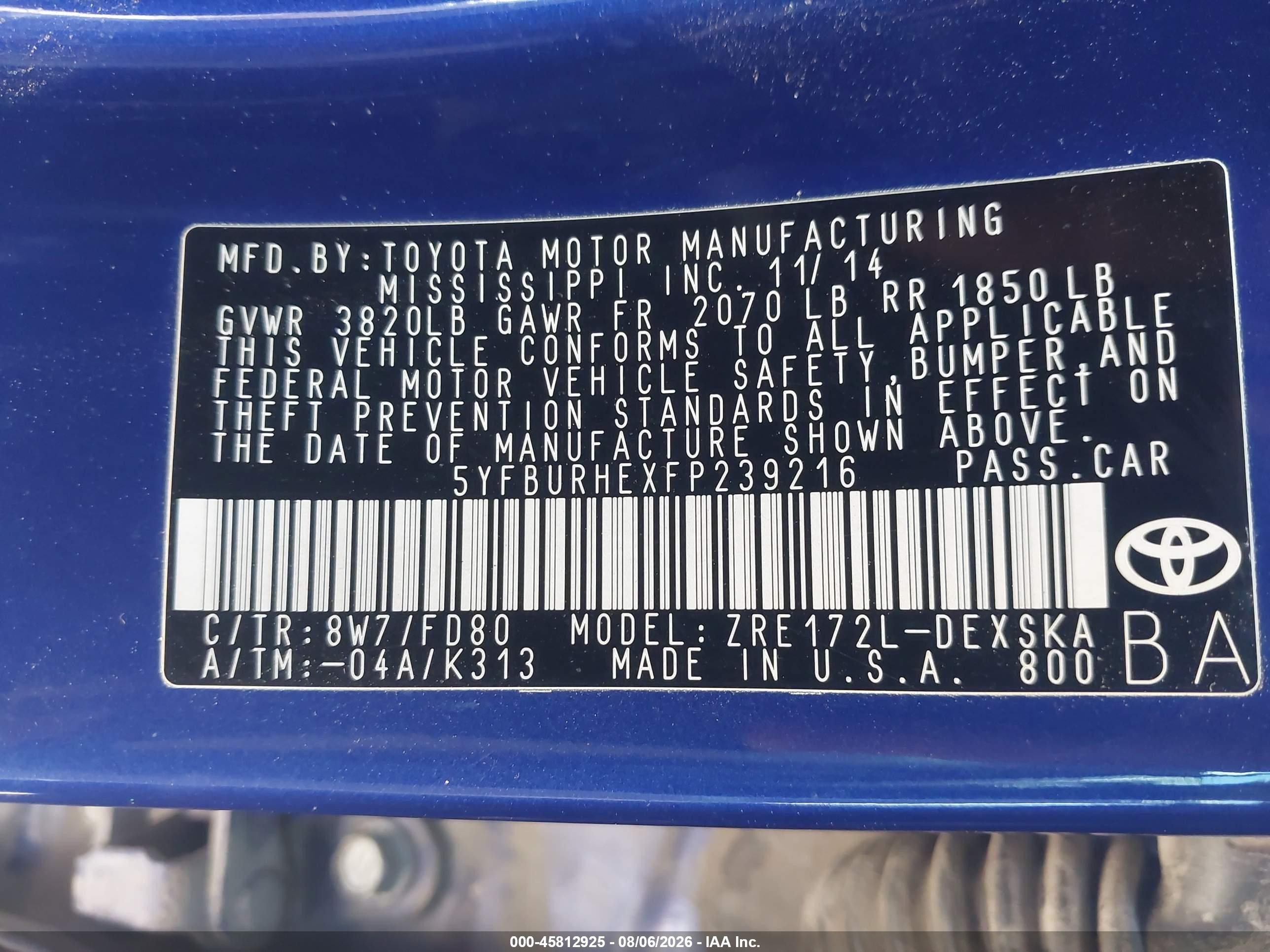 2015 Toyota Corolla S Plus Blue vin: 5YFBURHEXFP239216
