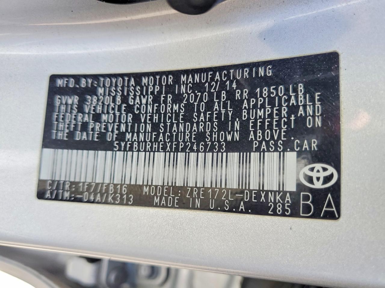 2015 Toyota Corolla Le Silver vin: 5YFBURHEXFP246733