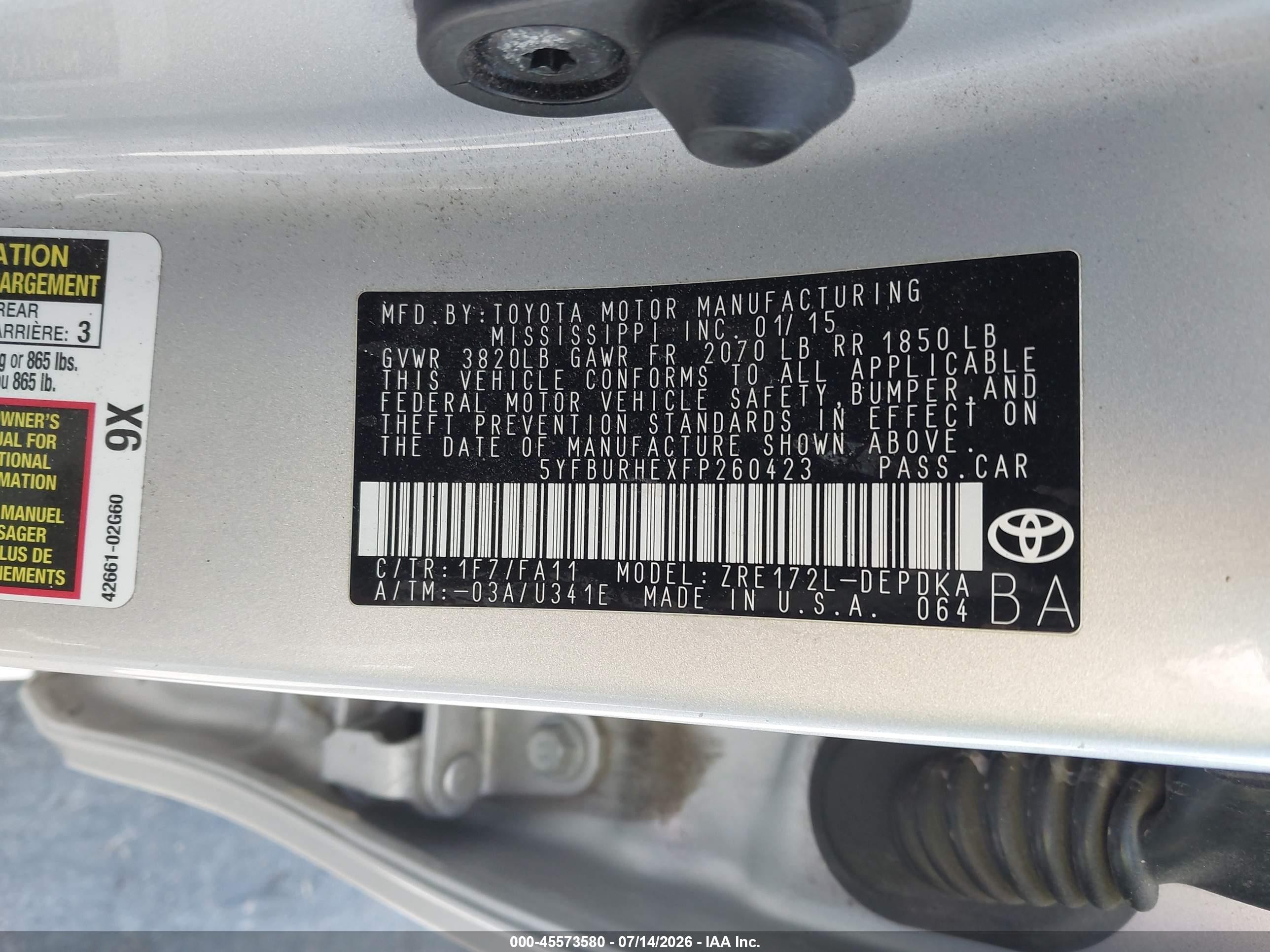 2015 Toyota Corolla L Gray vin: 5YFBURHEXFP260423
