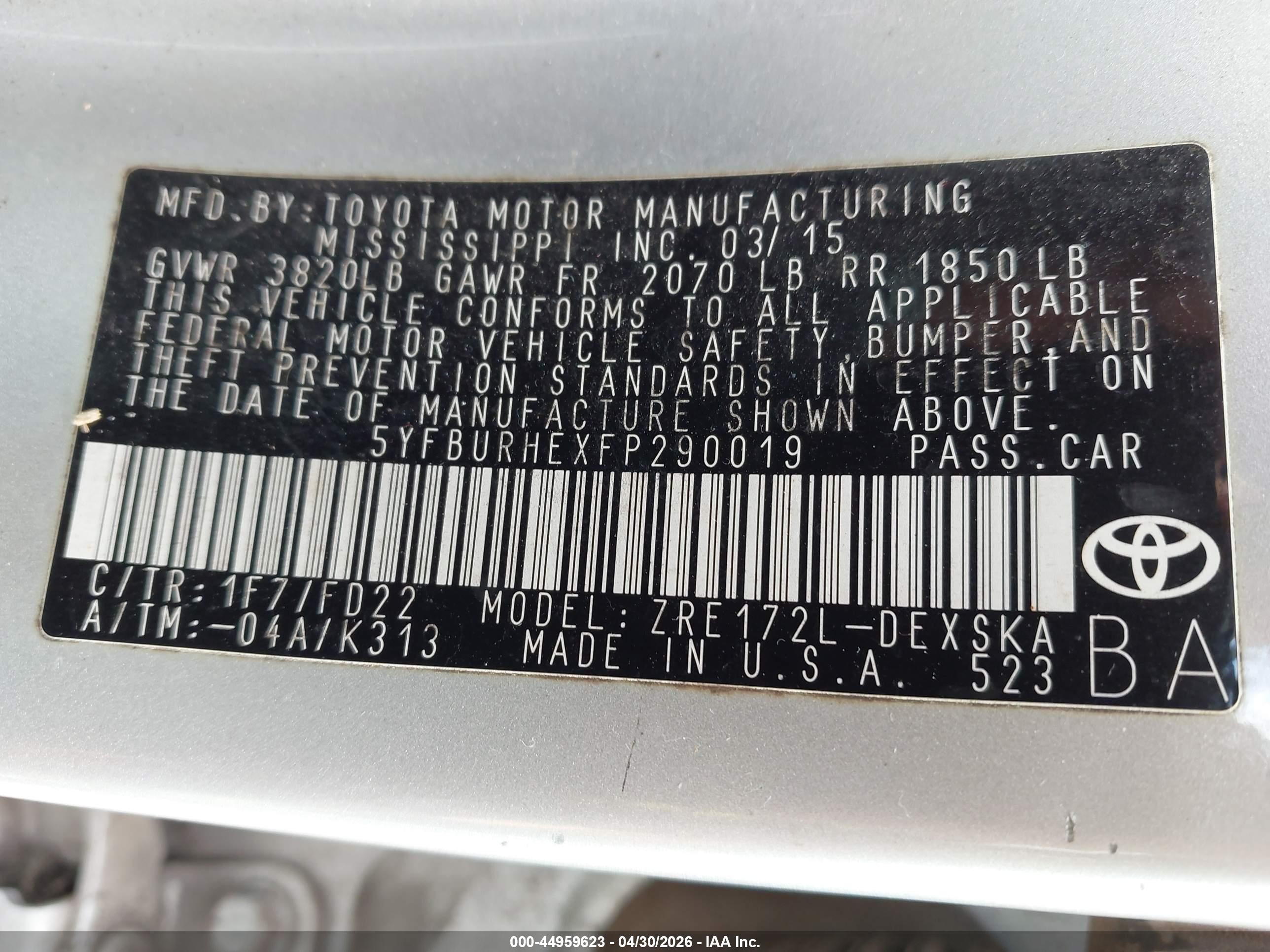 2015 Toyota Corolla S/s Plus/s Premium Silver vin: 5YFBURHEXFP290019