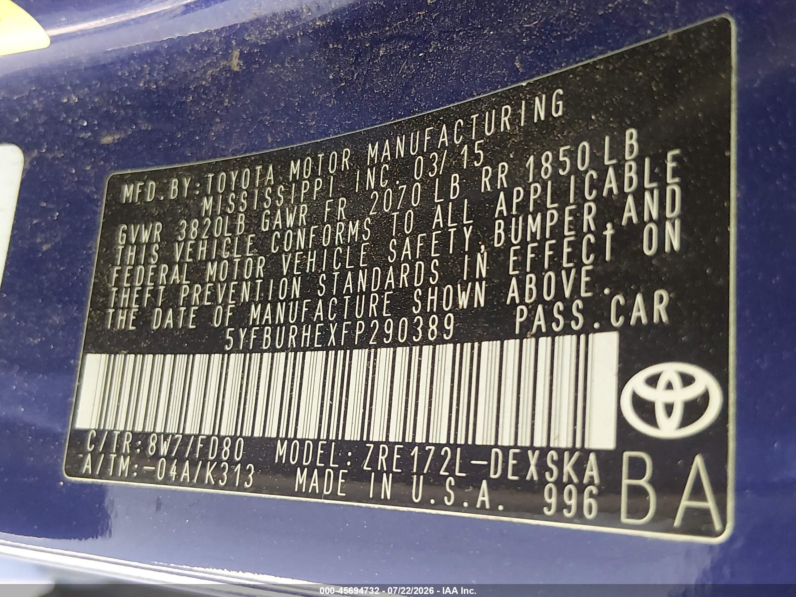 2015 Toyota Corolla S Plus Blue vin: 5YFBURHEXFP290389