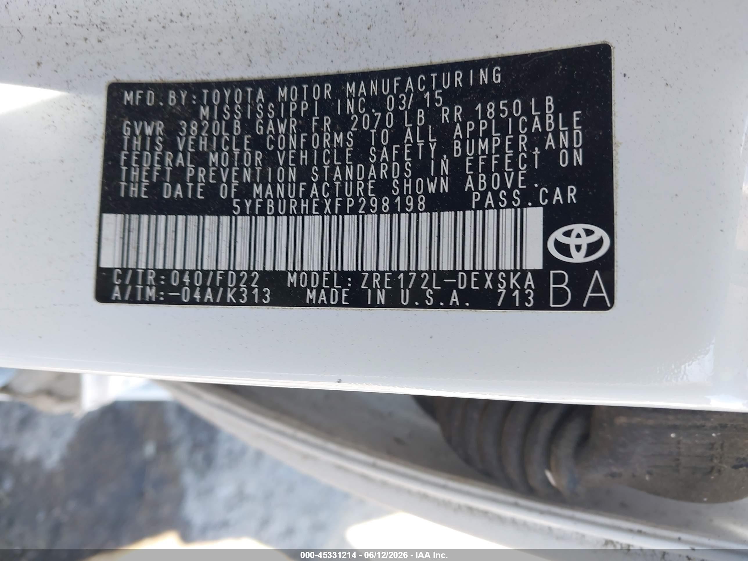 2015 Toyota Corolla S White vin: 5YFBURHEXFP298198