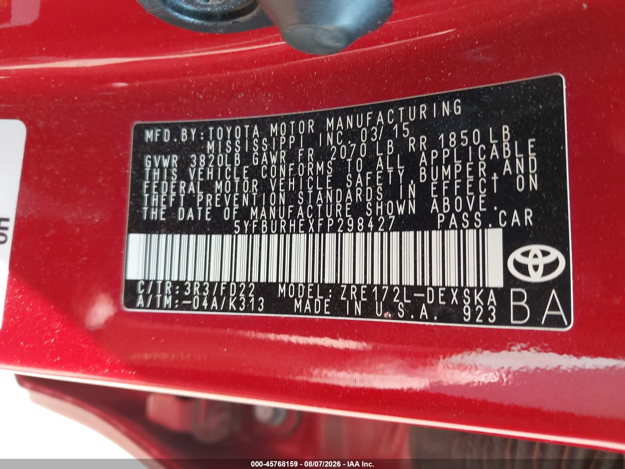 2015 Toyota Corolla S Plus Red vin: 5YFBURHEXFP298427