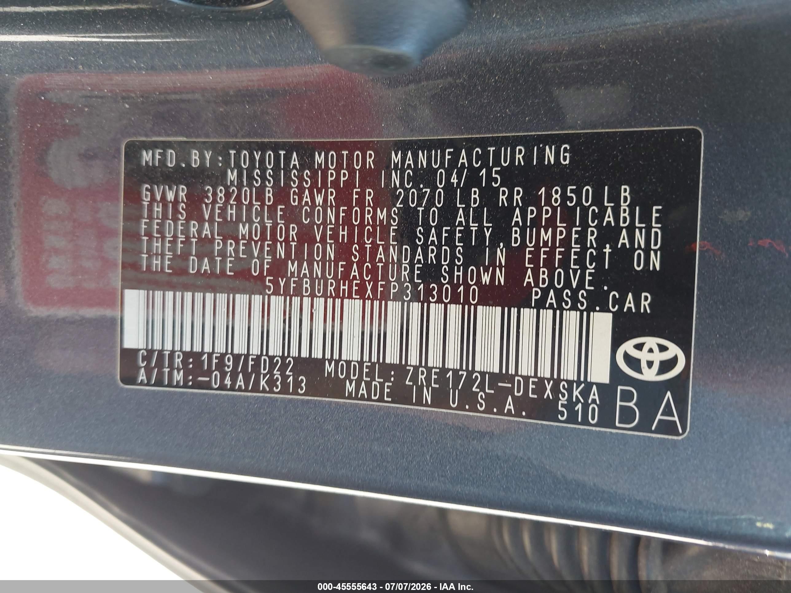 2015 Toyota Corolla S Plus Blue vin: 5YFBURHEXFP313010