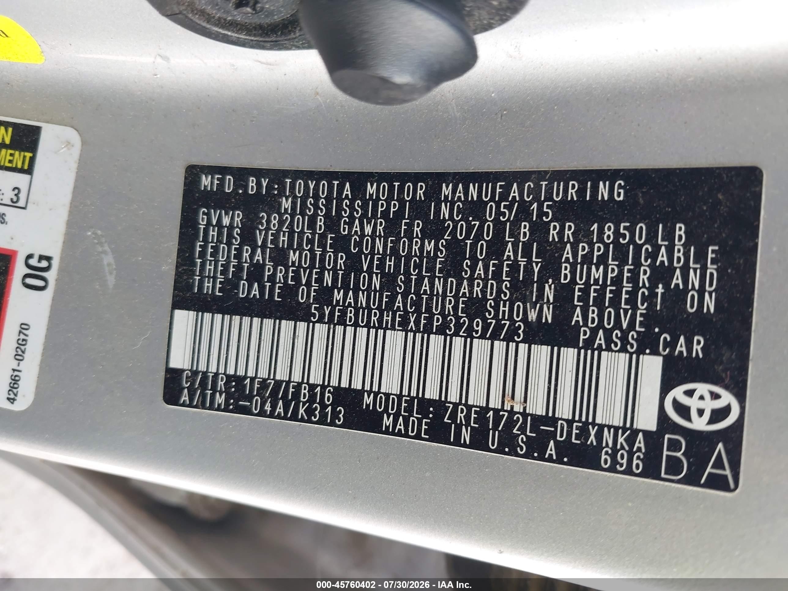 2015 Toyota Corolla Le Silver vin: 5YFBURHEXFP329773