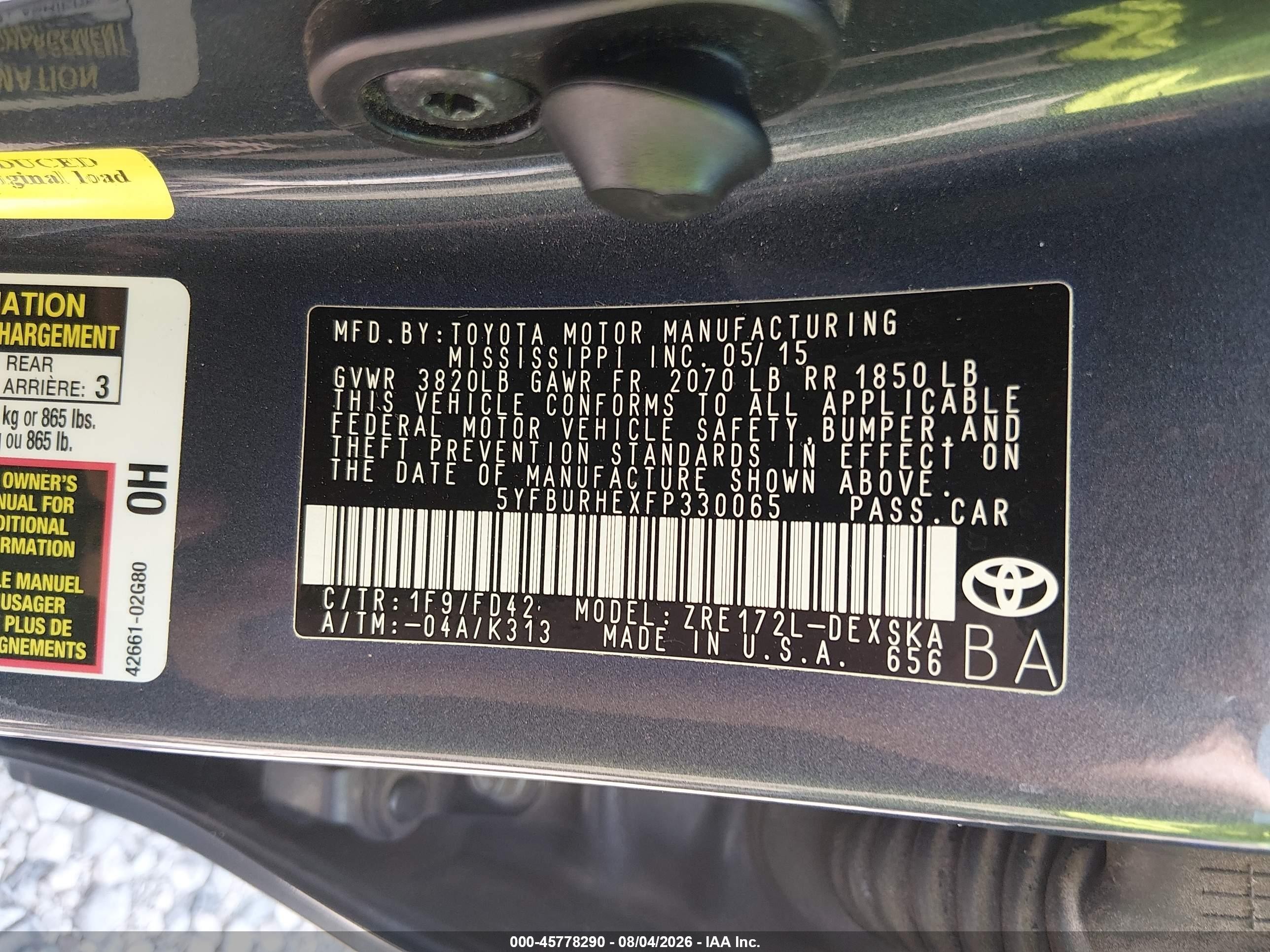2015 Toyota Corolla S Plus Gray vin: 5YFBURHEXFP330065