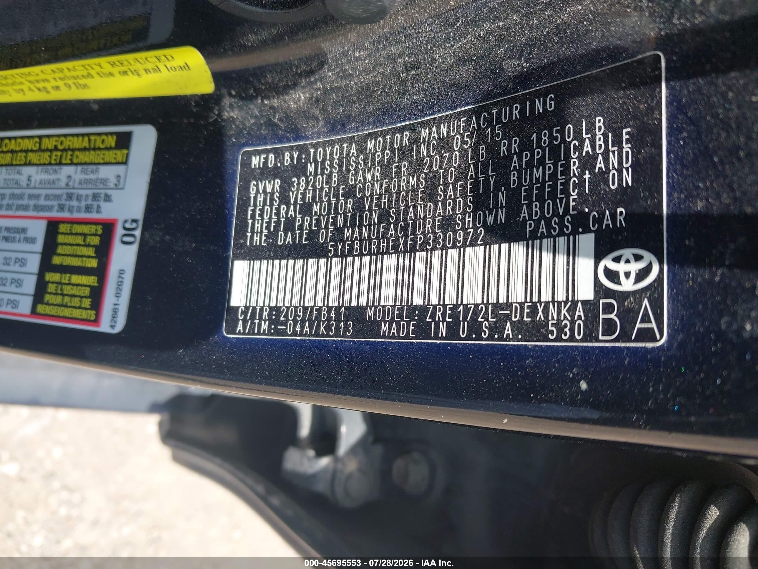 2015 Toyota Corolla Le Black vin: 5YFBURHEXFP330972