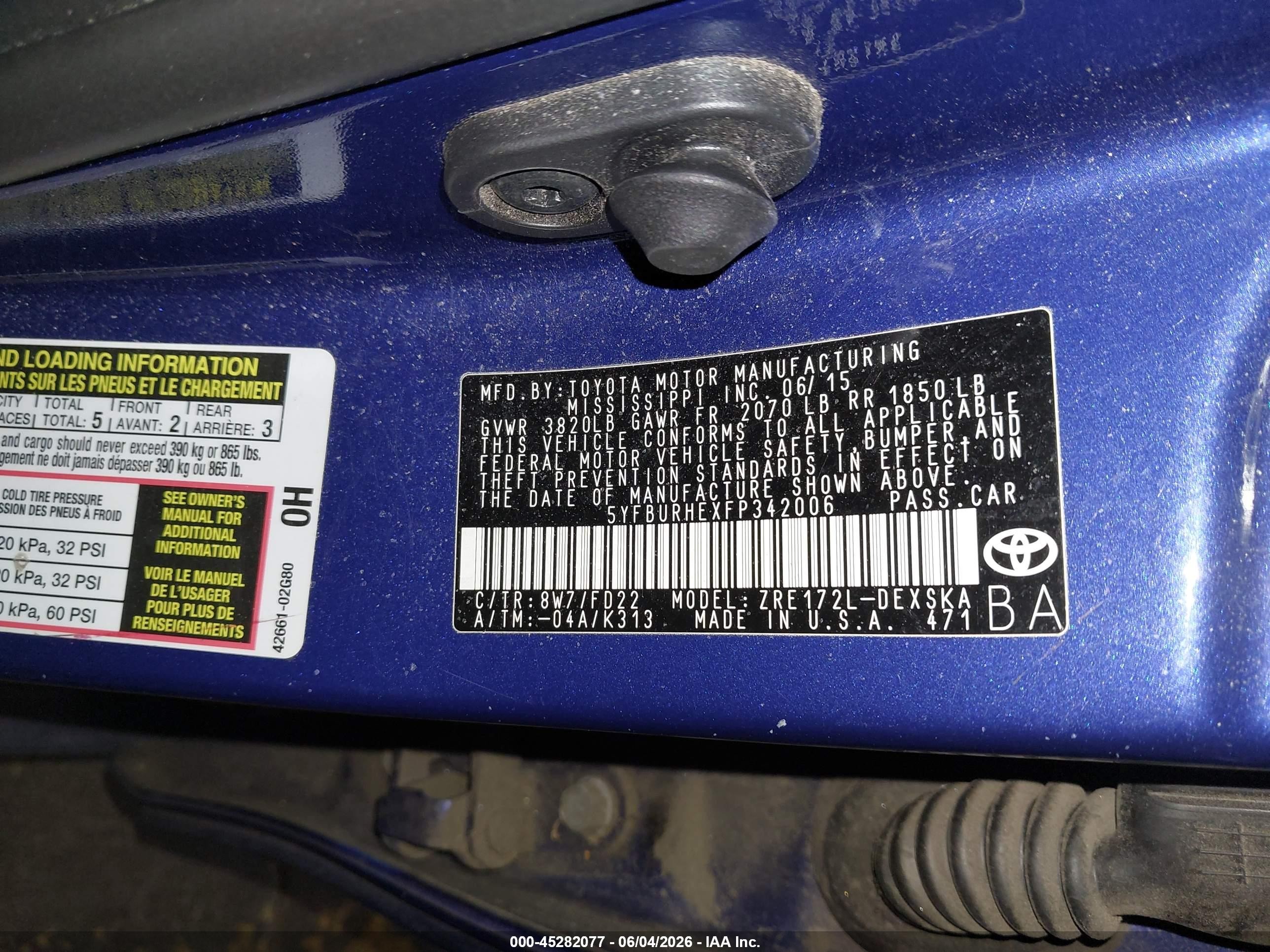 2015 Toyota Corolla S Plus Blue vin: 5YFBURHEXFP342006
