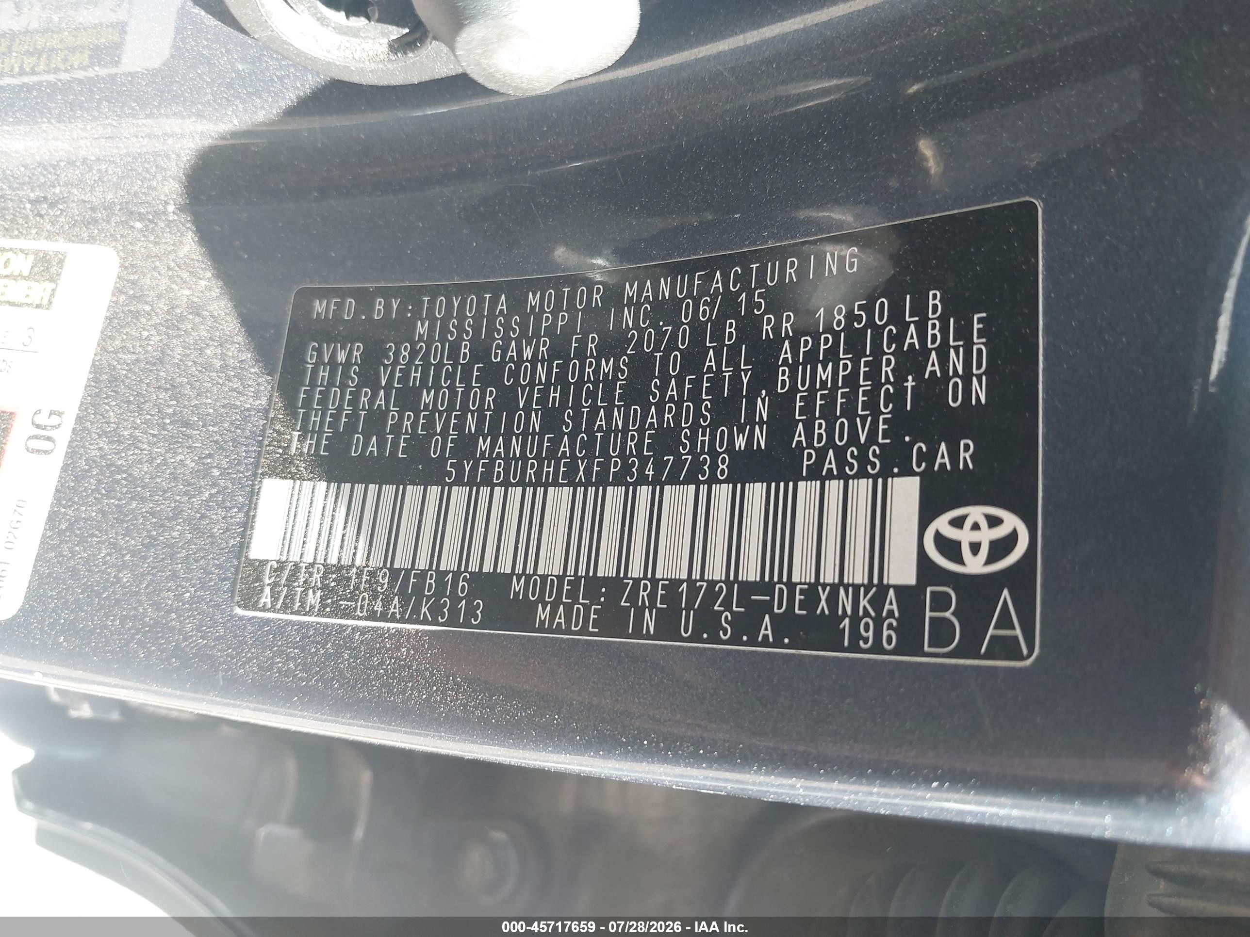 2015 Toyota Corolla Le Plus Blue vin: 5YFBURHEXFP347738