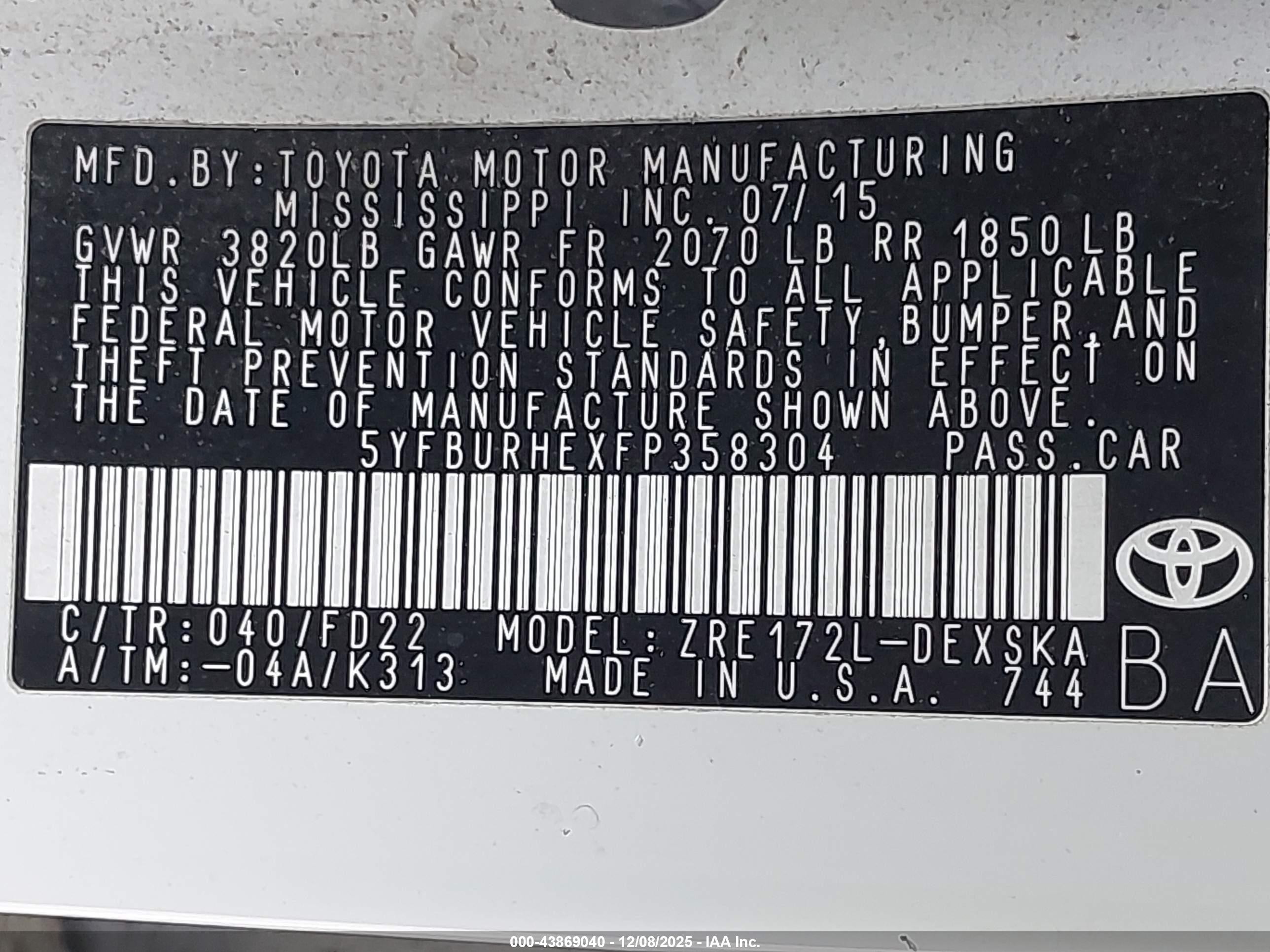 2015 Toyota Corolla S Plus White vin: 5YFBURHEXFP358304