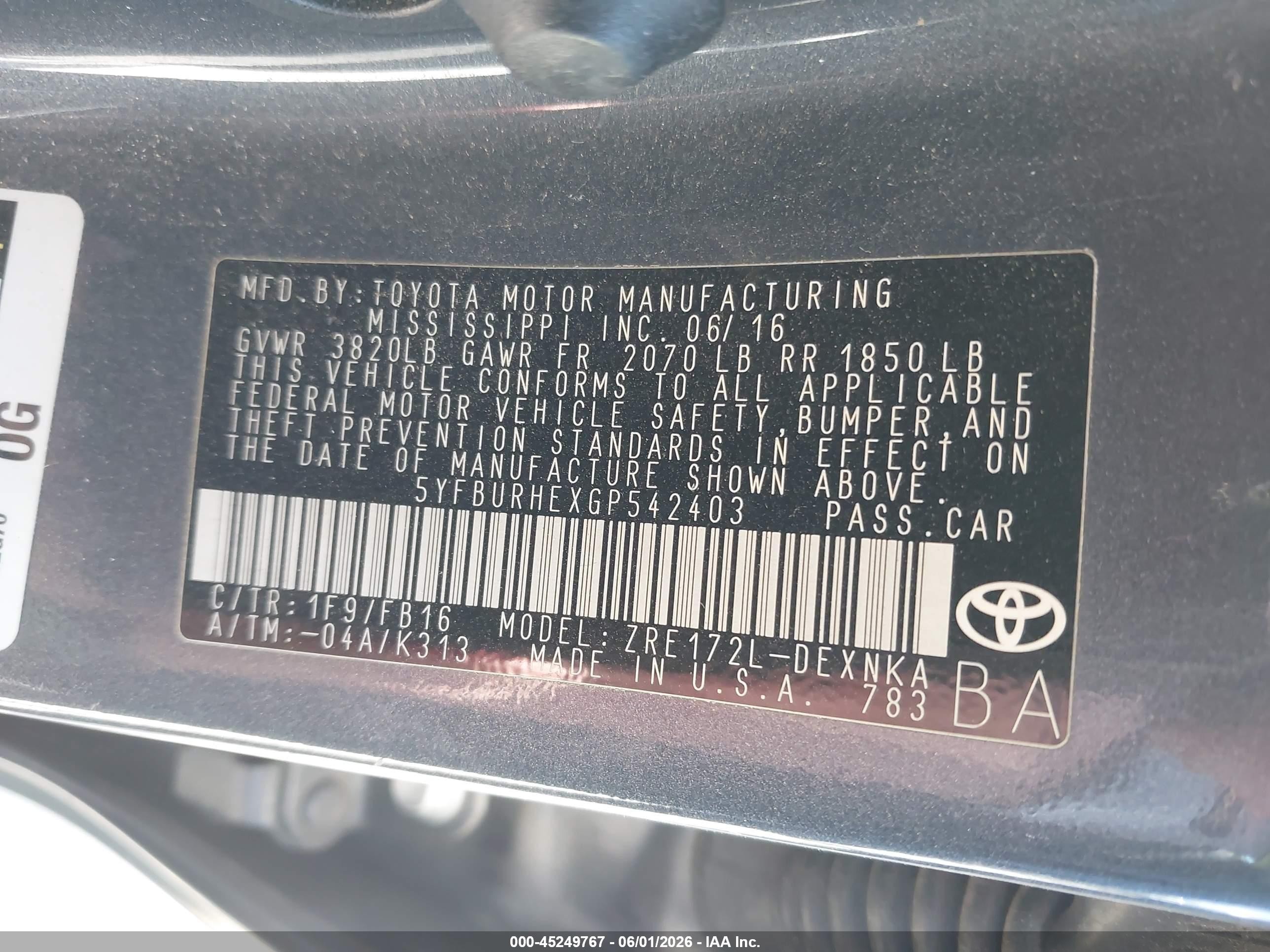 2016 Toyota Corolla Le Gray vin: 5YFBURHEXGP542403