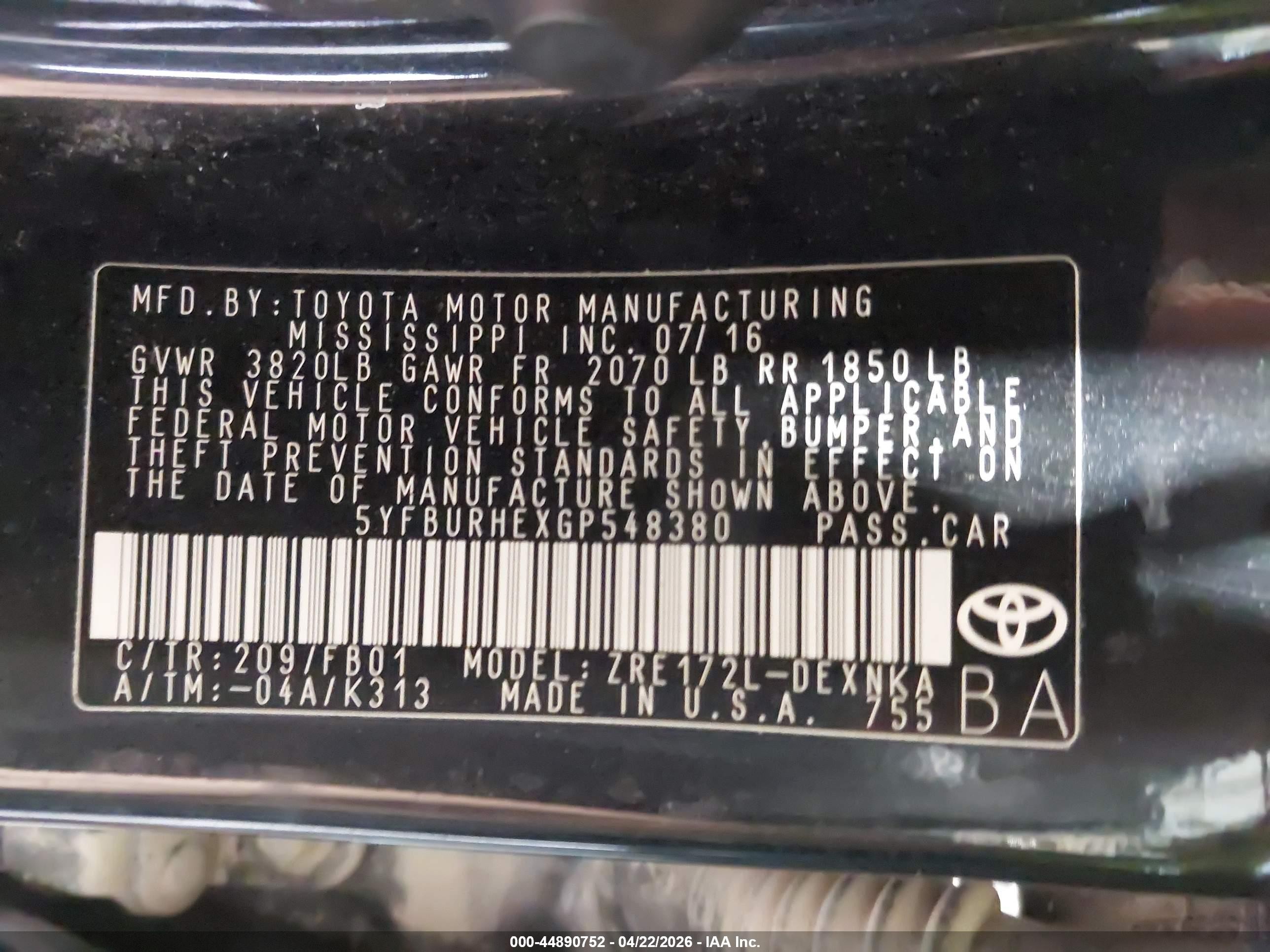 2016 Toyota Corolla Le Black vin: 5YFBURHEXGP548380