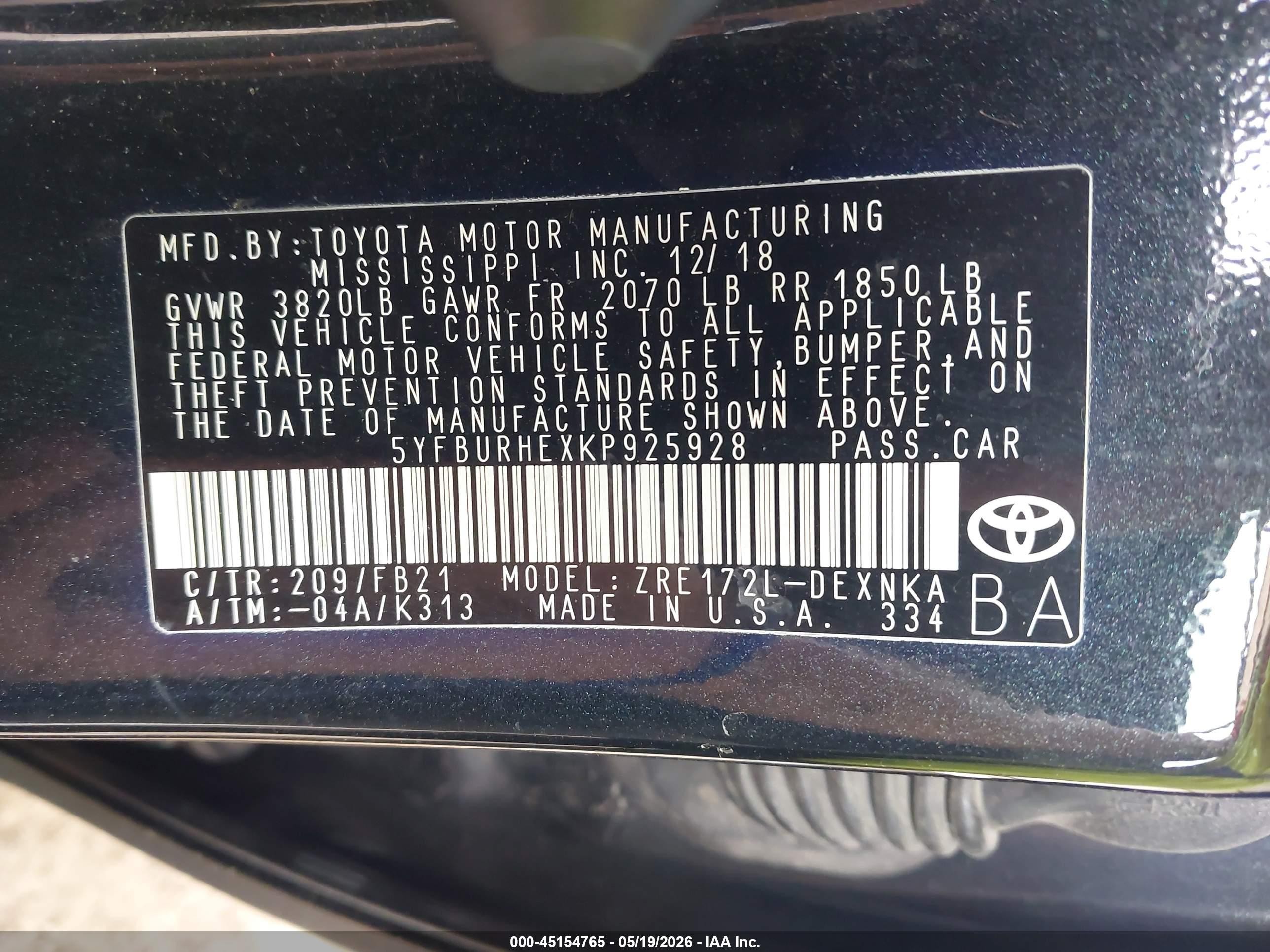 2019 Toyota Corolla Le Black vin: 5YFBURHEXKP925928