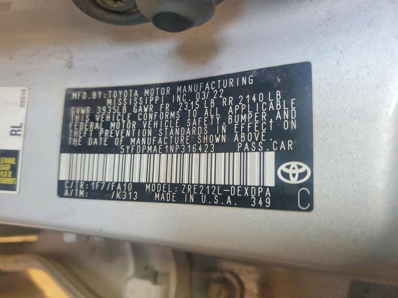 2022 Toyota Corolla L Silver vin: 5YFDPMAE1NP316423