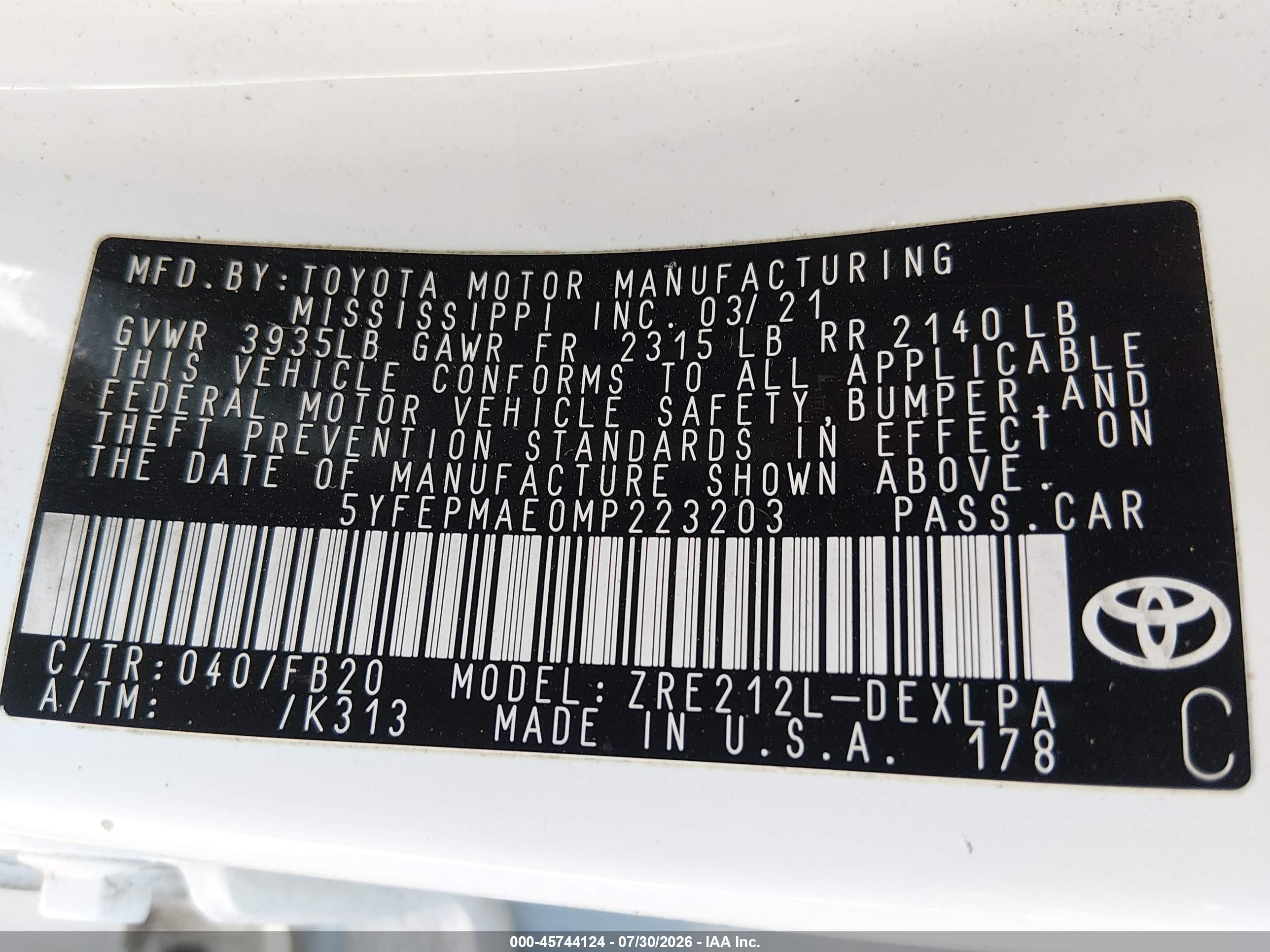 2021 Toyota Corolla Le White vin: 5YFEPMAE0MP223203