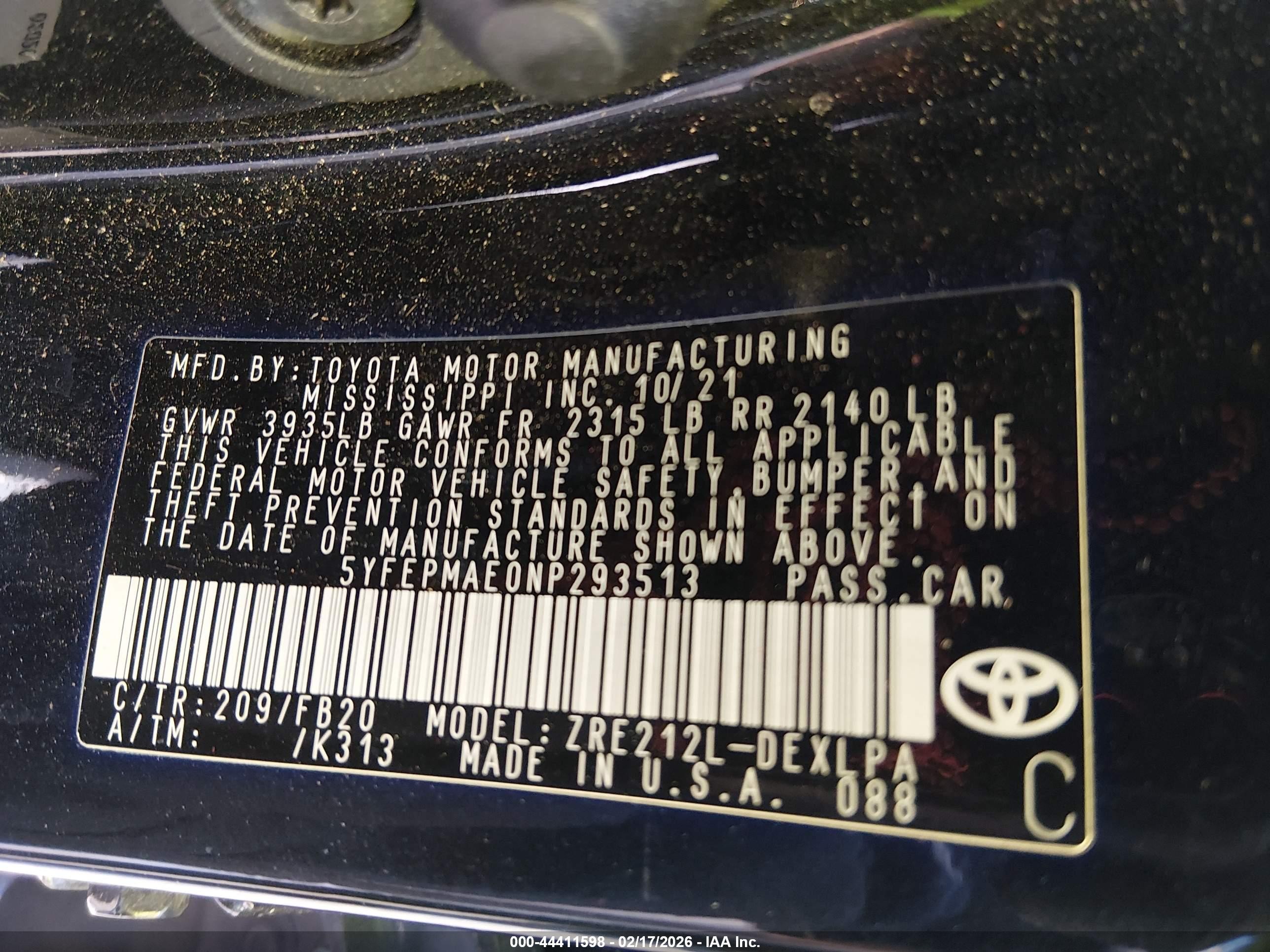 2022 Toyota Corolla Le Black vin: 5YFEPMAE0NP293513