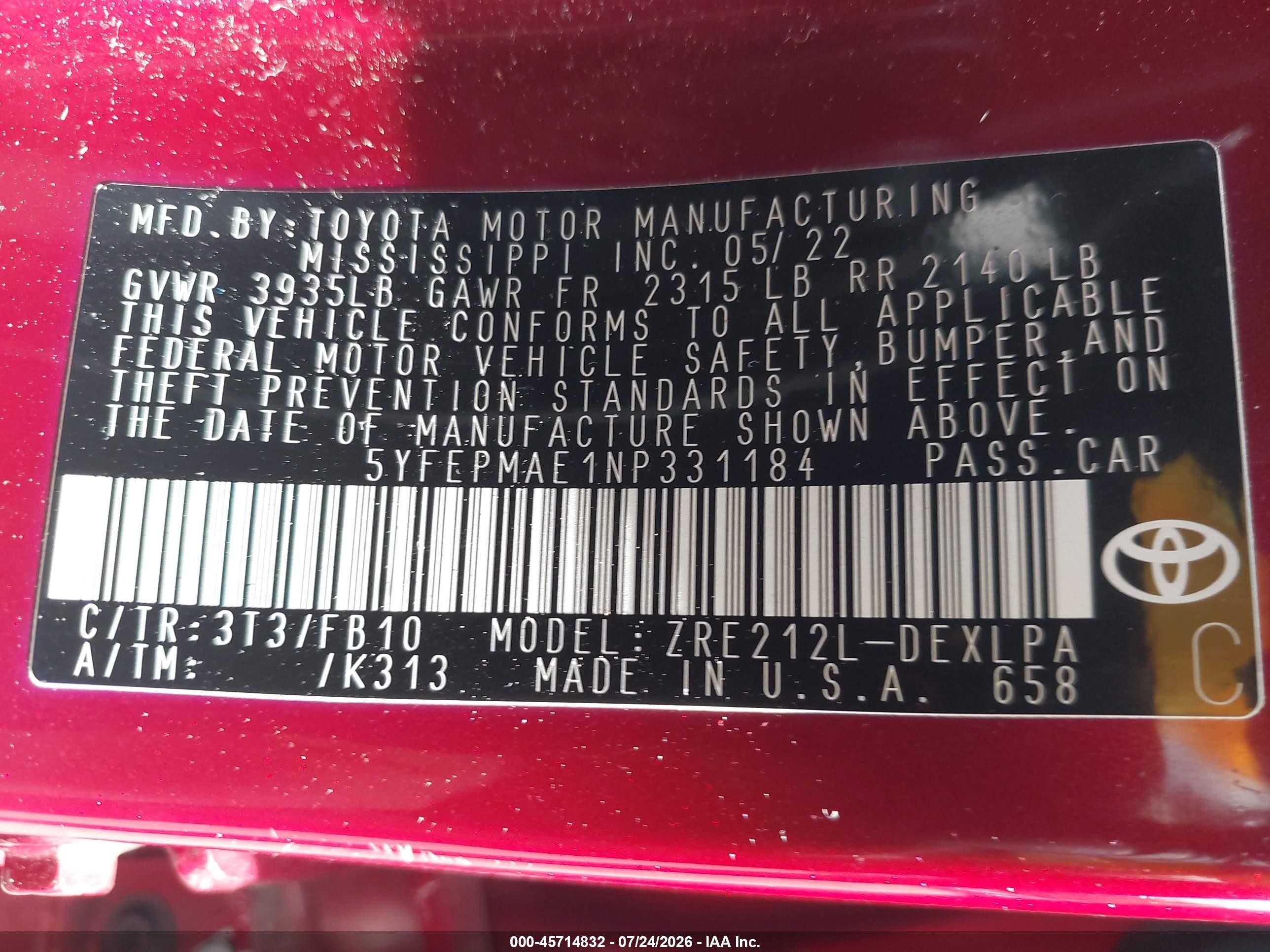 2022 Toyota Corolla Le Red vin: 5YFEPMAE1NP331184