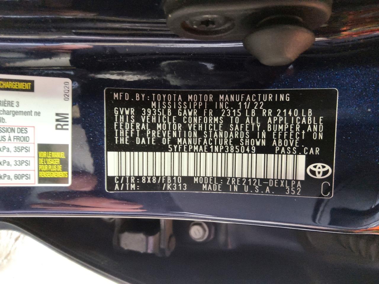 2022 Toyota Corolla Le Blue vin: 5YFEPMAE1NP385049
