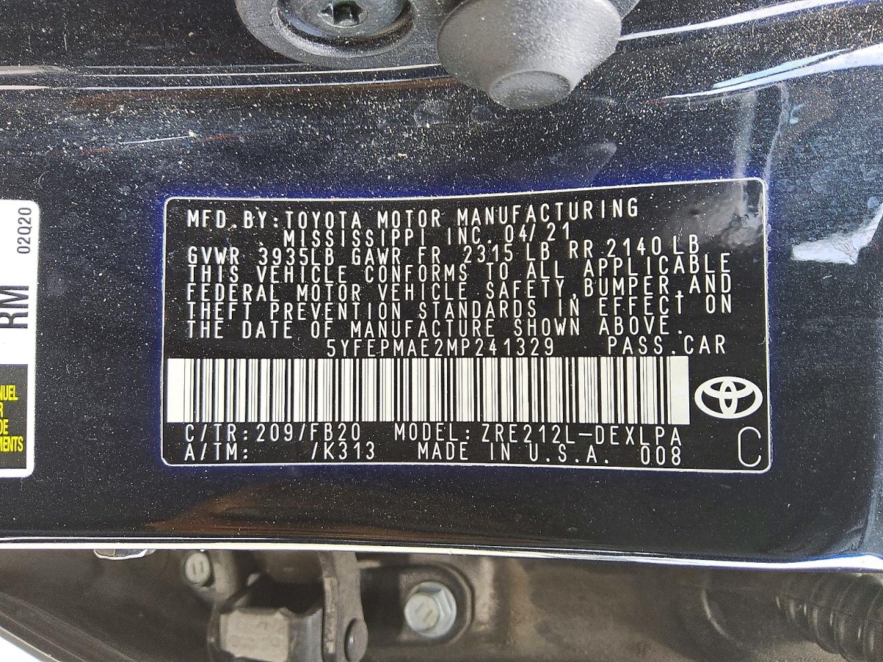 2021 Toyota Corolla Le Black vin: 5YFEPMAE2MP241329