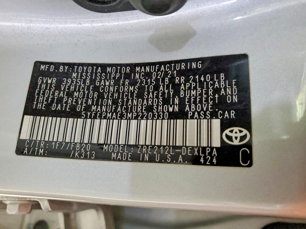 2021 Toyota Corolla Le Silver vin: 5YFEPMAE3MP220330