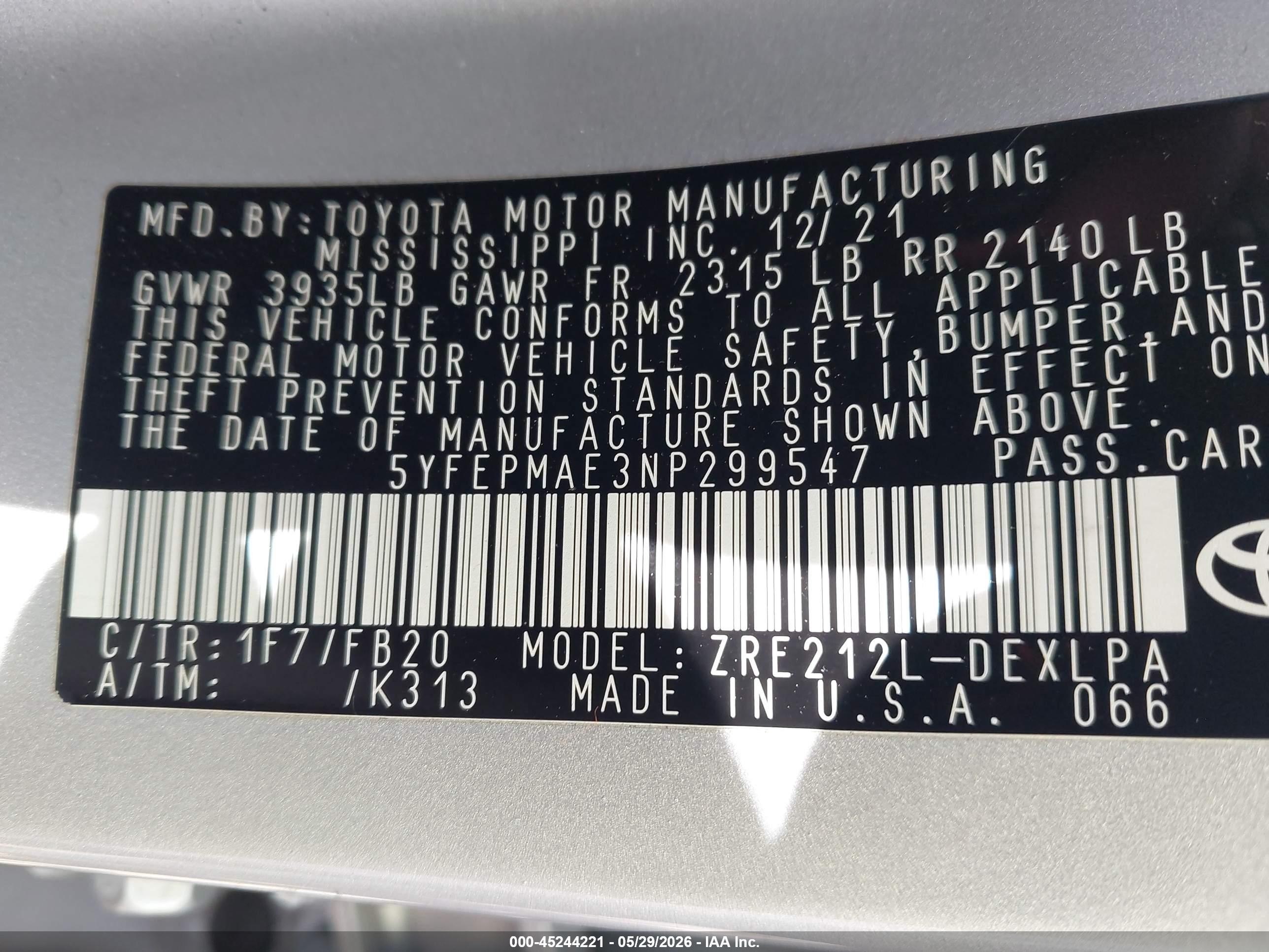2022 Toyota Corolla Le Серебряный vin: 5YFEPMAE3NP299547