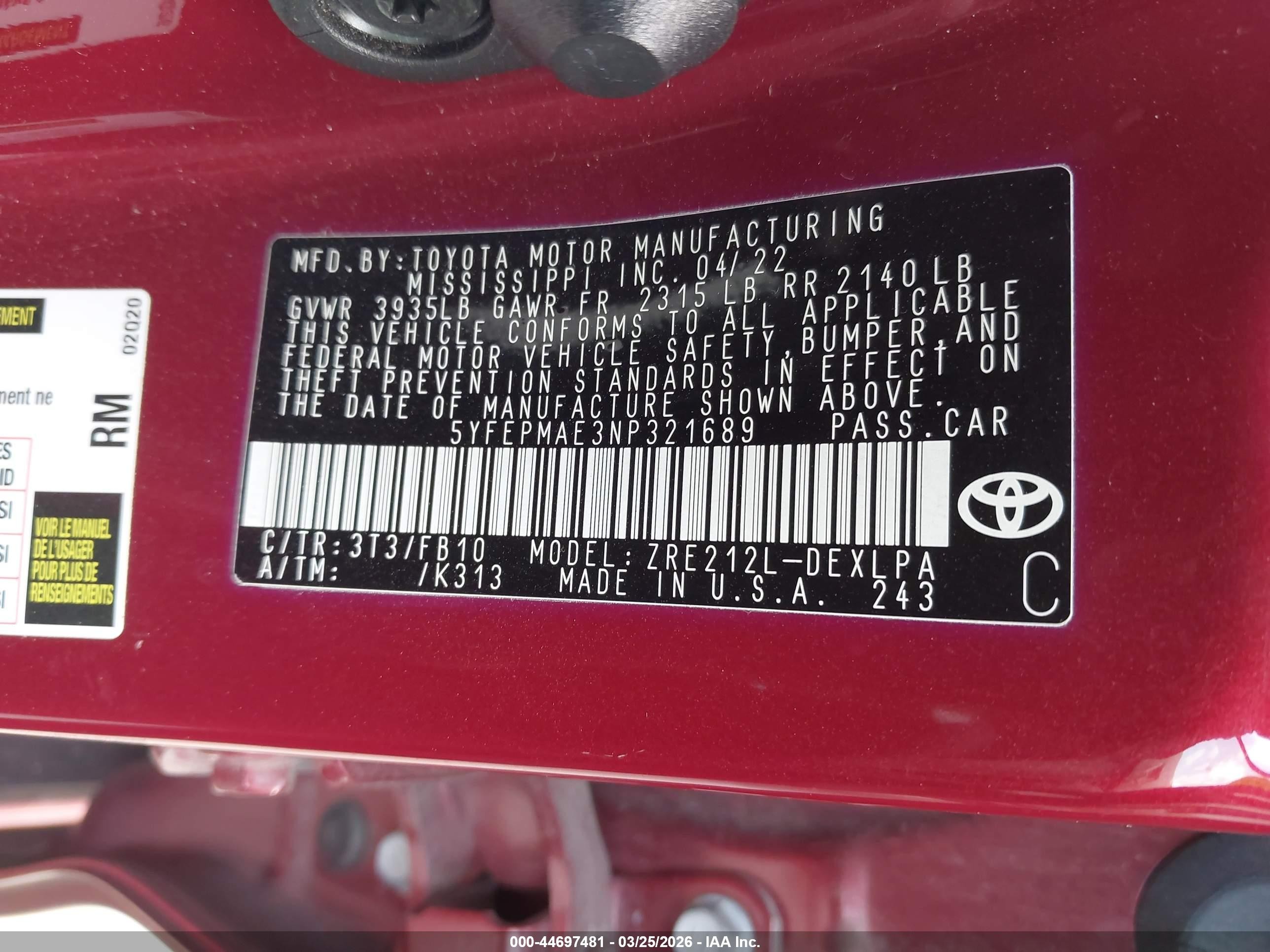 2022 Toyota Corolla Le Red vin: 5YFEPMAE3NP321689