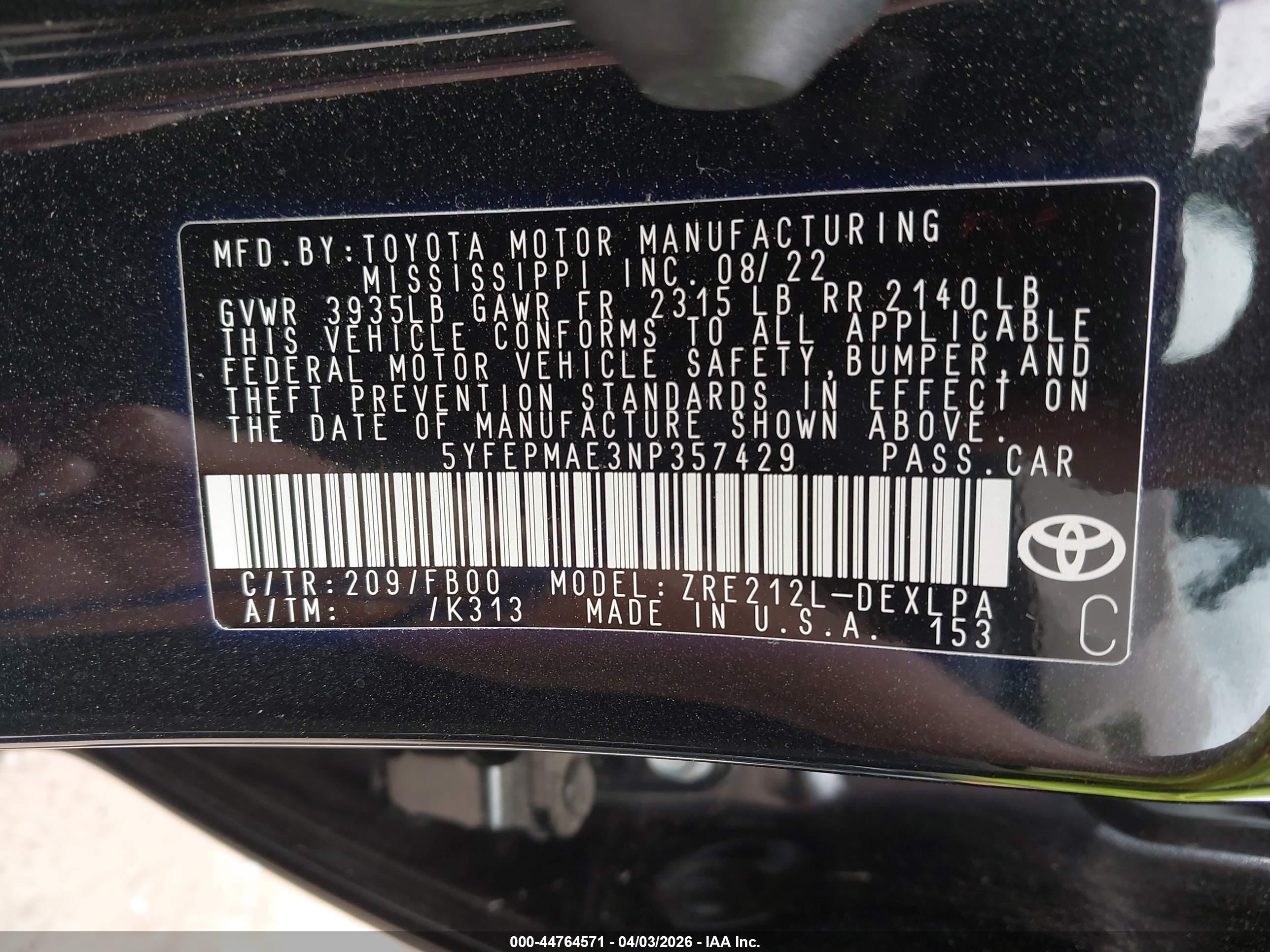 2022 Toyota Corolla Le Black vin: 5YFEPMAE3NP357429