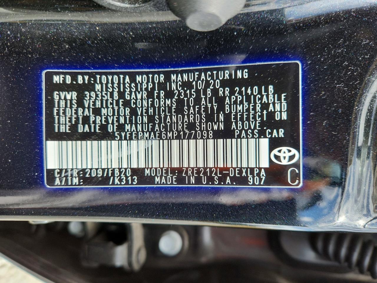 2021 Toyota Corolla Le Black vin: 5YFEPMAE6MP177098