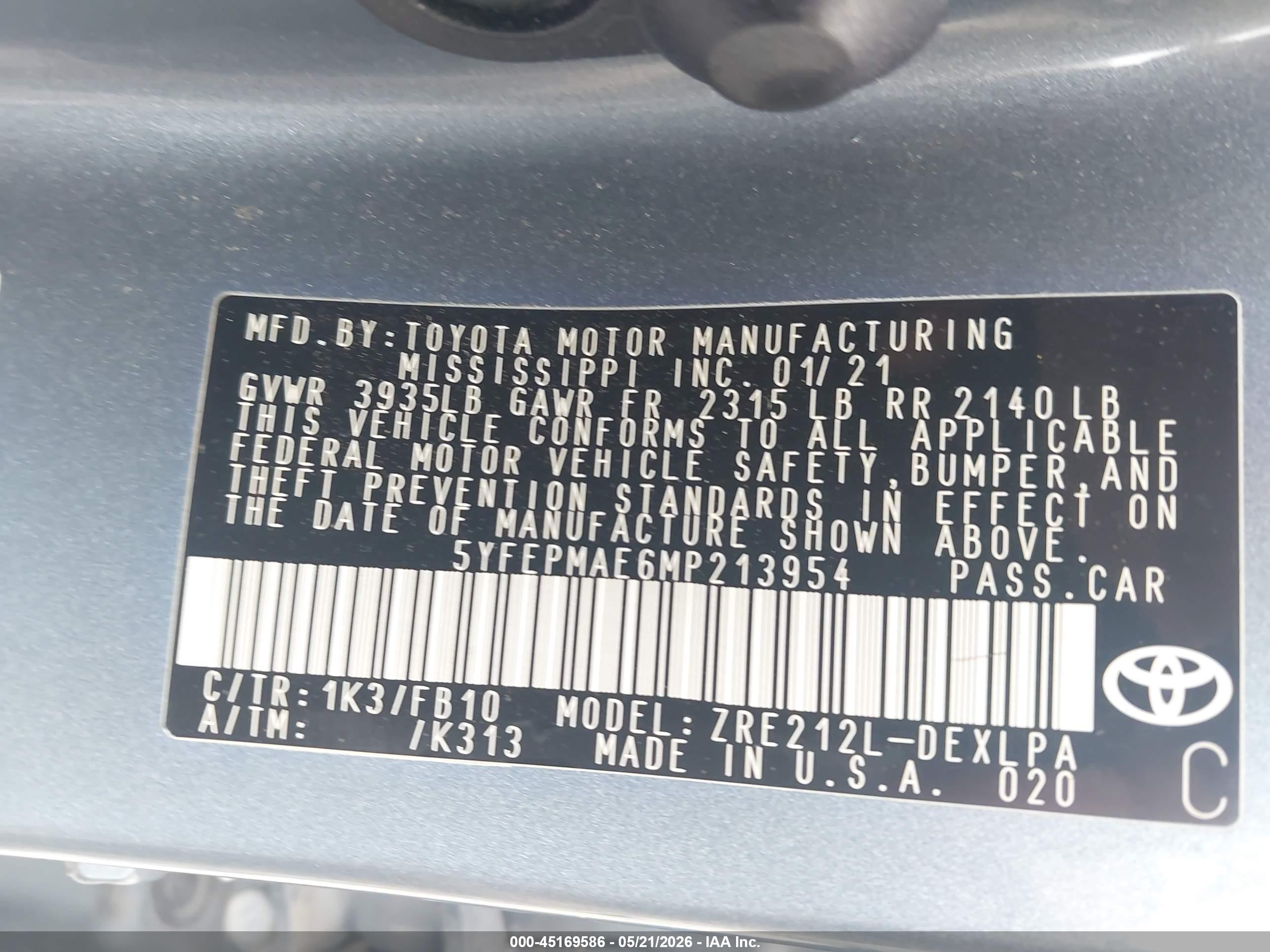 2021 Toyota Corolla Le Blue vin: 5YFEPMAE6MP213954