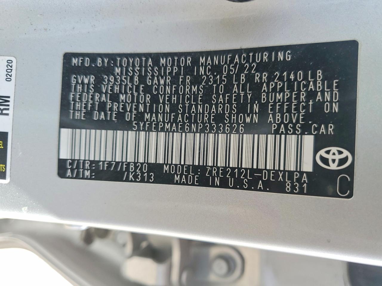 2022 Toyota Corolla Le Silver vin: 5YFEPMAE6NP333626