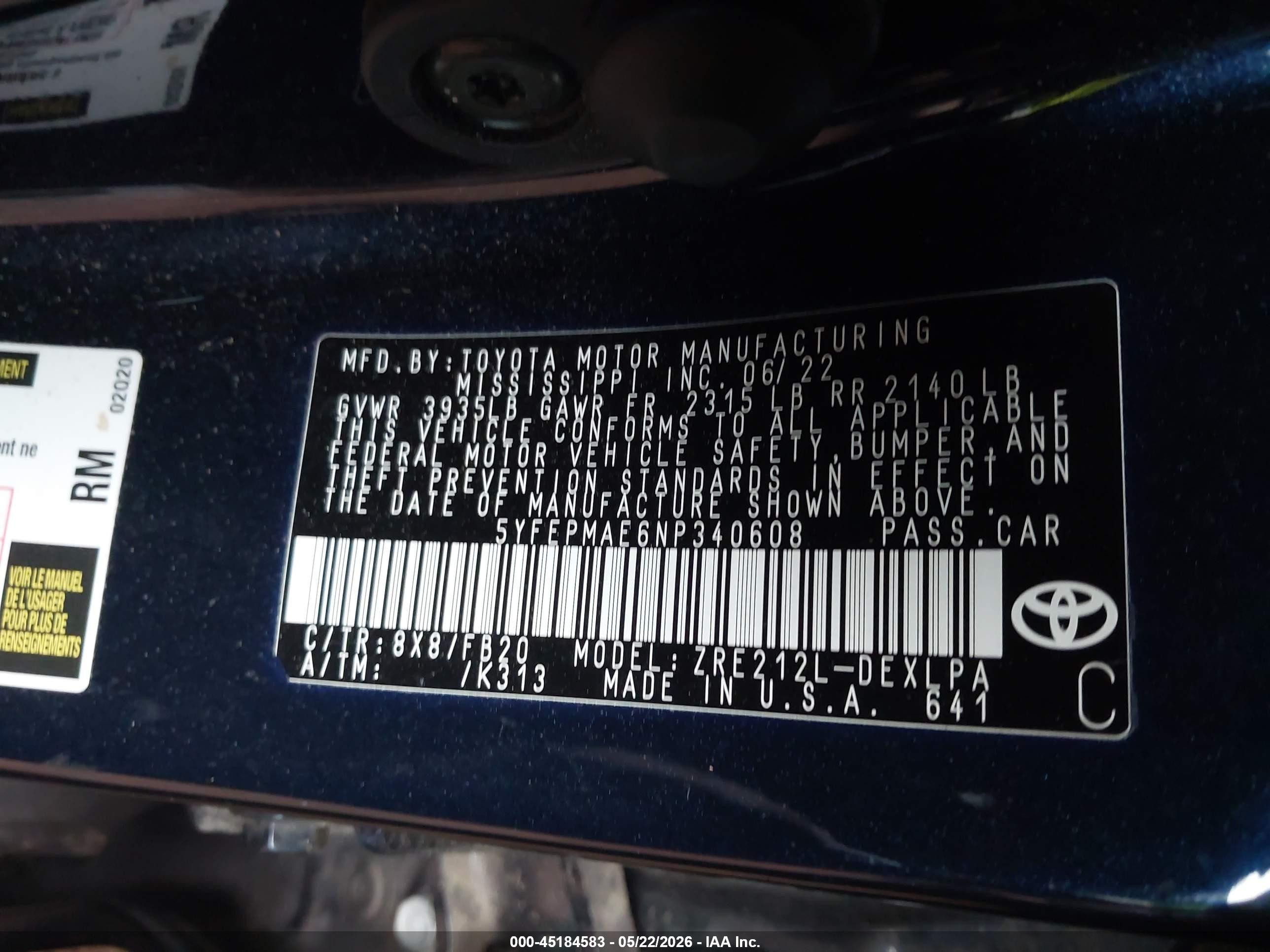 2022 Toyota Corolla Le Blue vin: 5YFEPMAE6NP340608