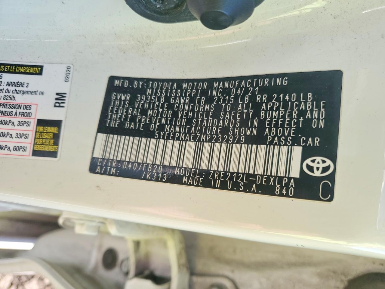 2021 Toyota Corolla Le White vin: 5YFEPMAE7MP232979