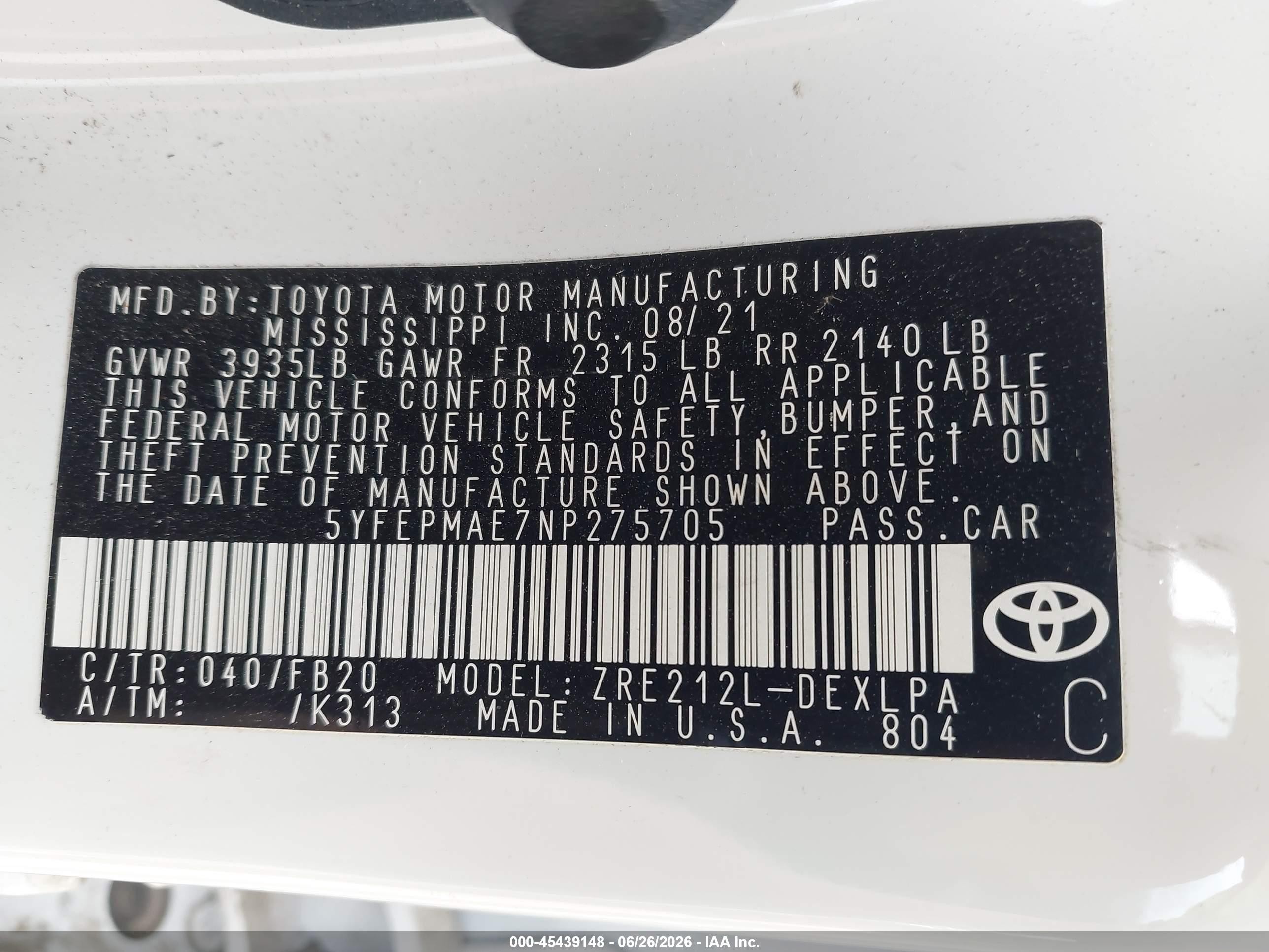 2022 Toyota Corolla Le White vin: 5YFEPMAE7NP275705