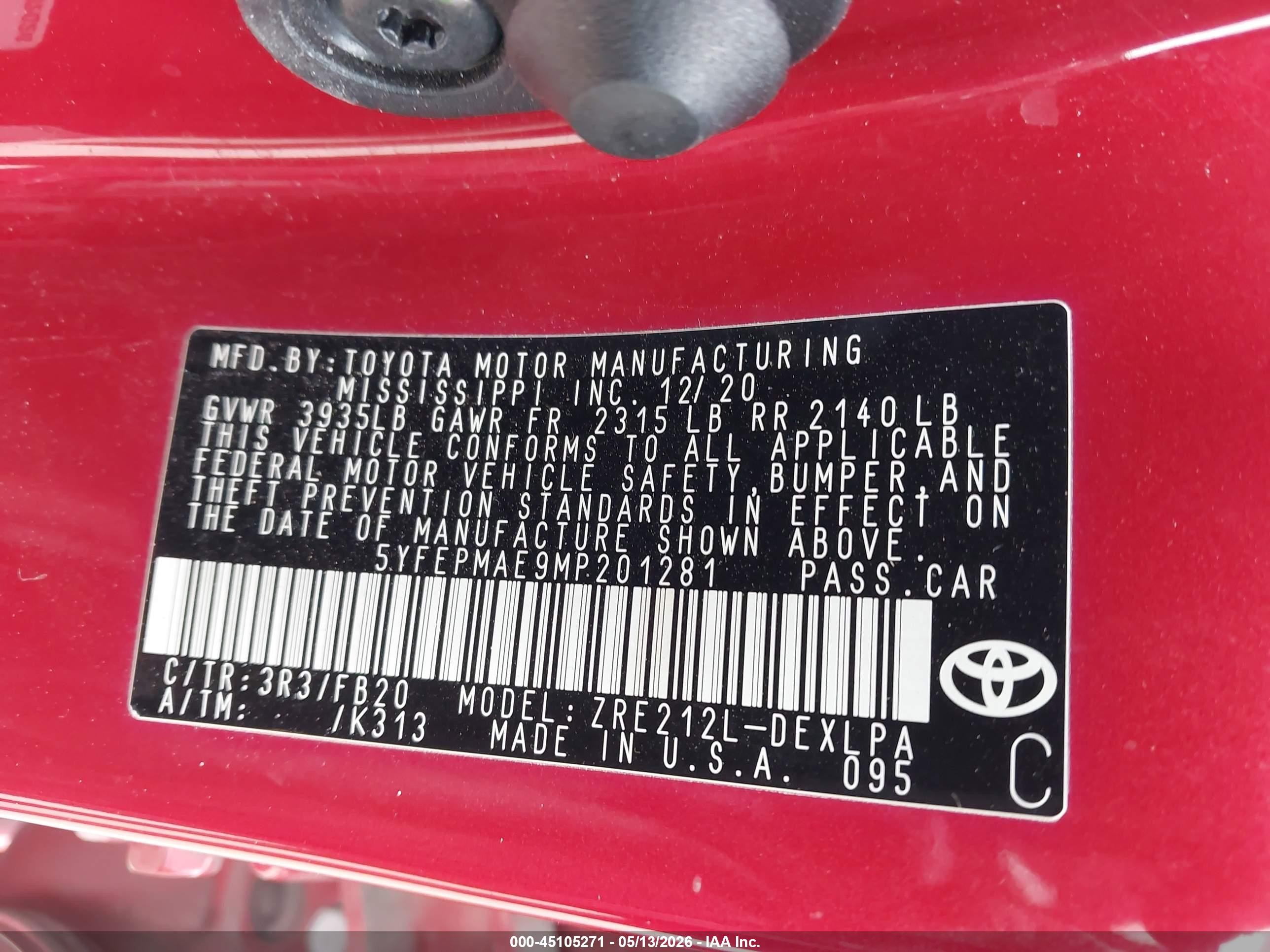 2021 Toyota Corolla Le Red vin: 5YFEPMAE9MP201281