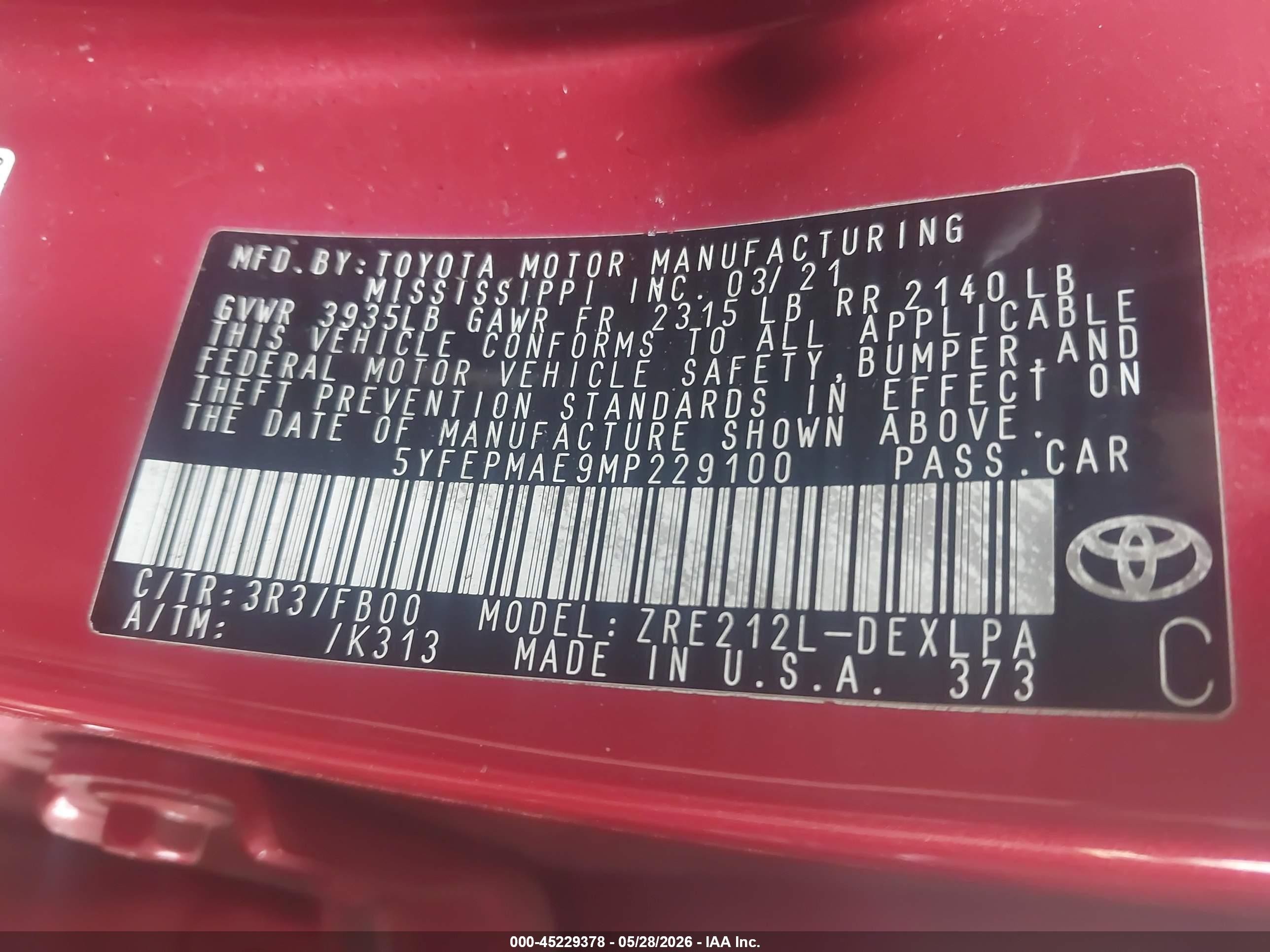 2021 Toyota Corolla Le Red vin: 5YFEPMAE9MP229100