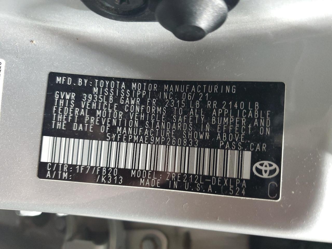 2021 Toyota Corolla Le Silver vin: 5YFEPMAE9MP260833