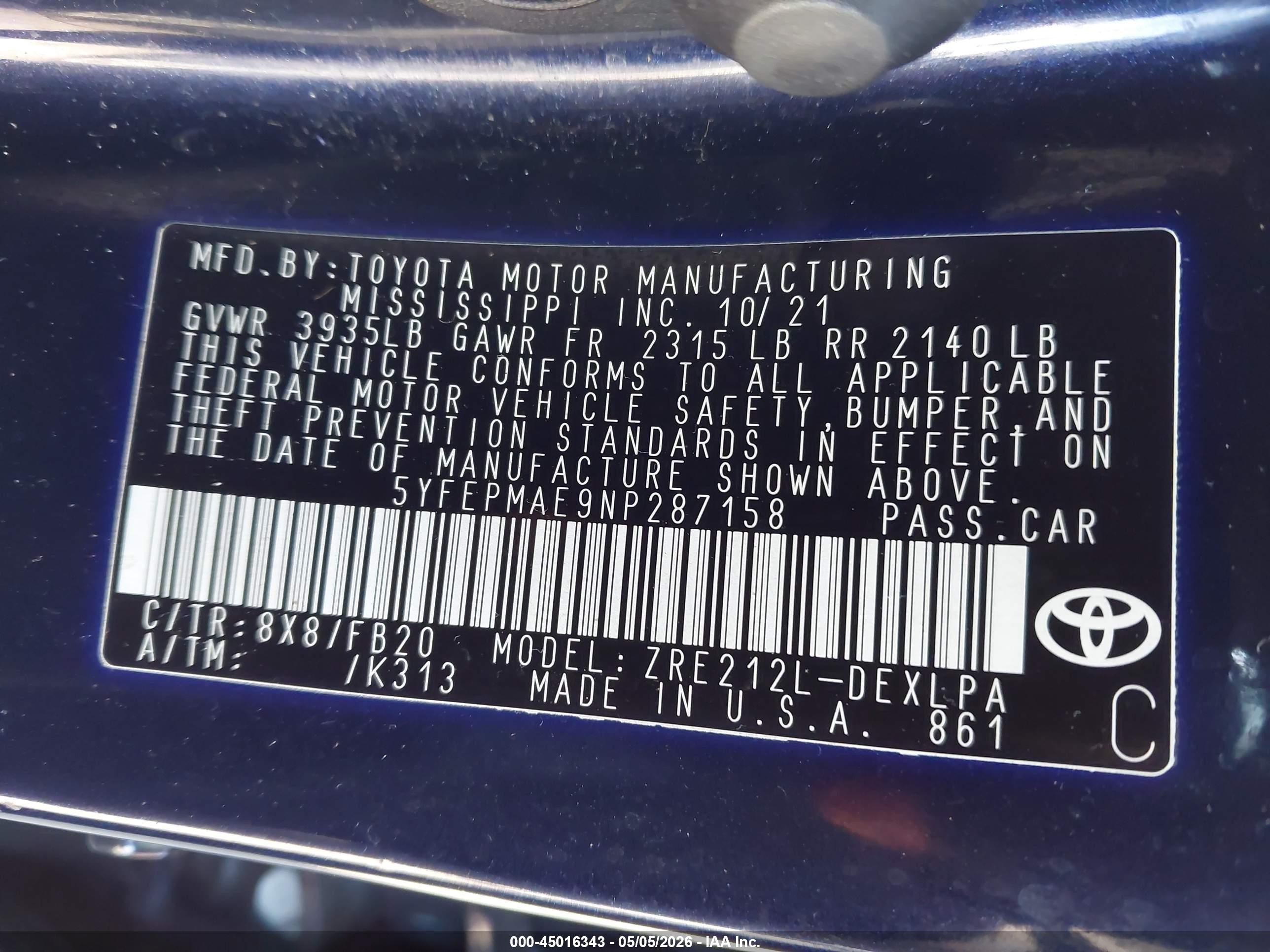 2022 Toyota Corolla Le Blue vin: 5YFEPMAE9NP287158