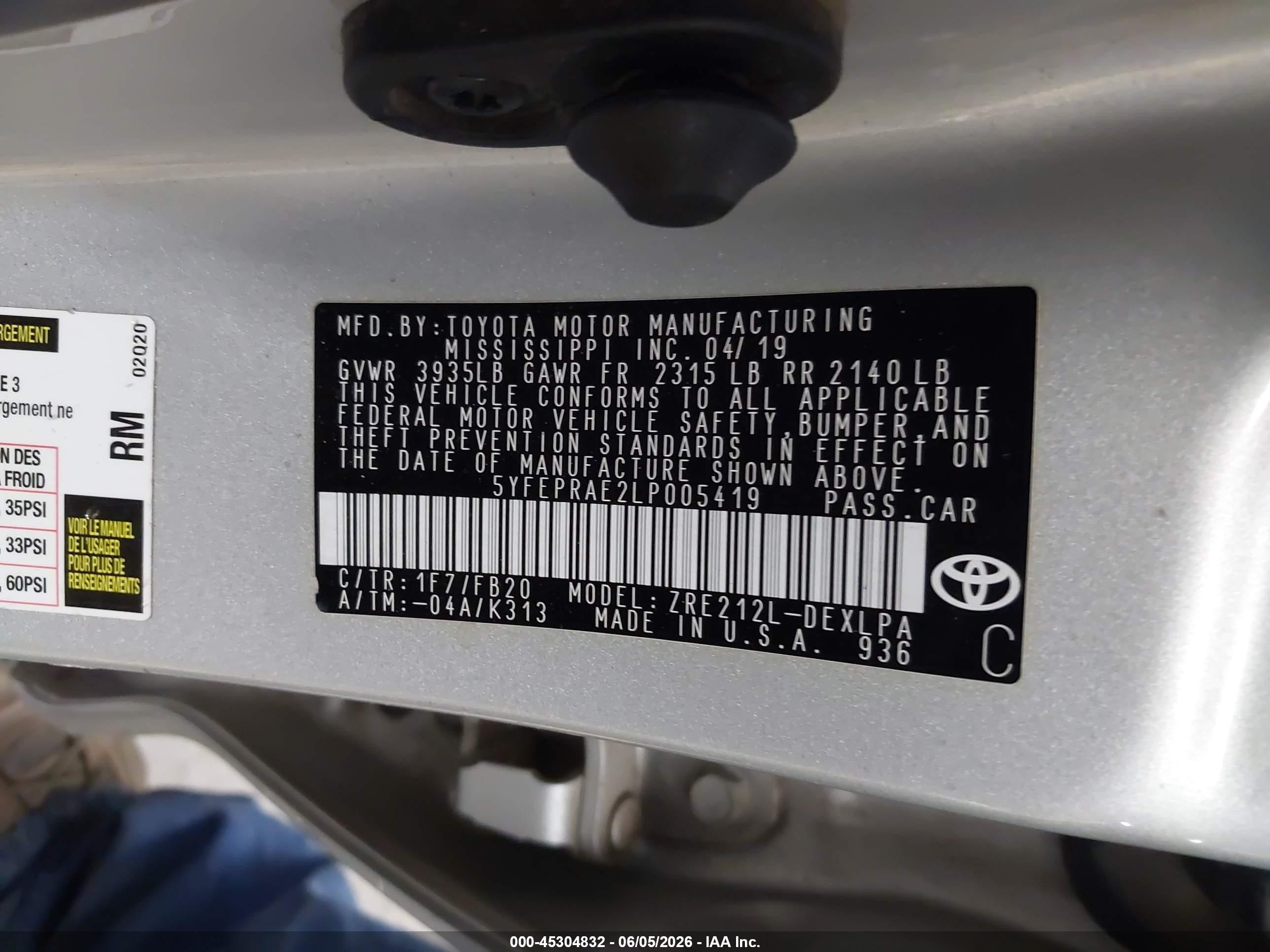 2020 Toyota Corolla Le Silver vin: 5YFEPRAE2LP005419