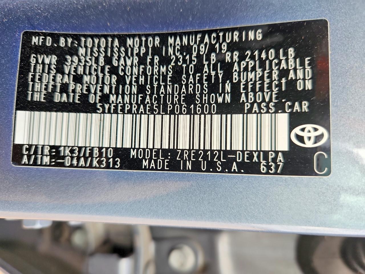 2020 Toyota Corolla Le Gray vin: 5YFEPRAE5LP061600