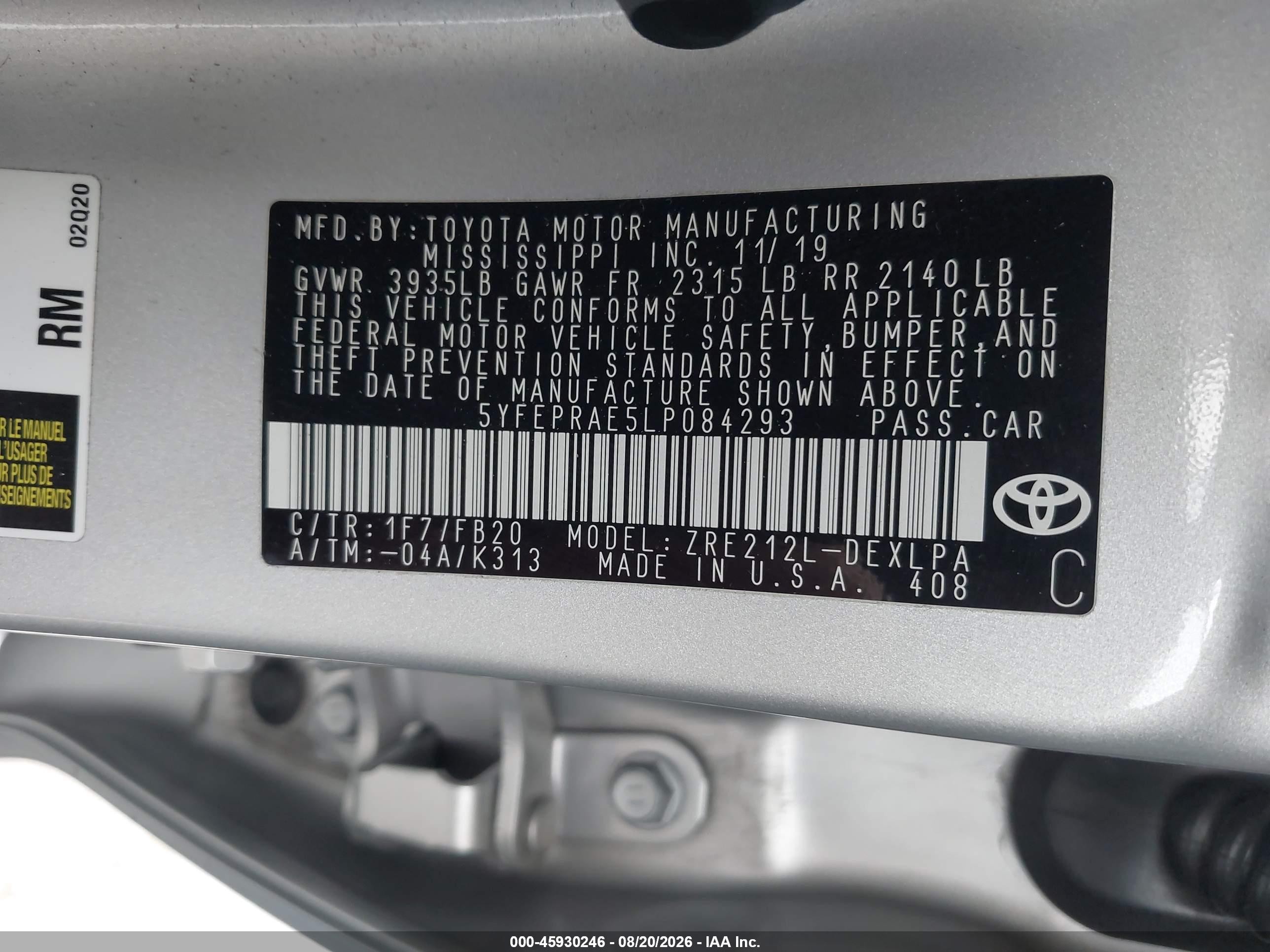 2020 Toyota Corolla Le Gray vin: 5YFEPRAE5LP084293