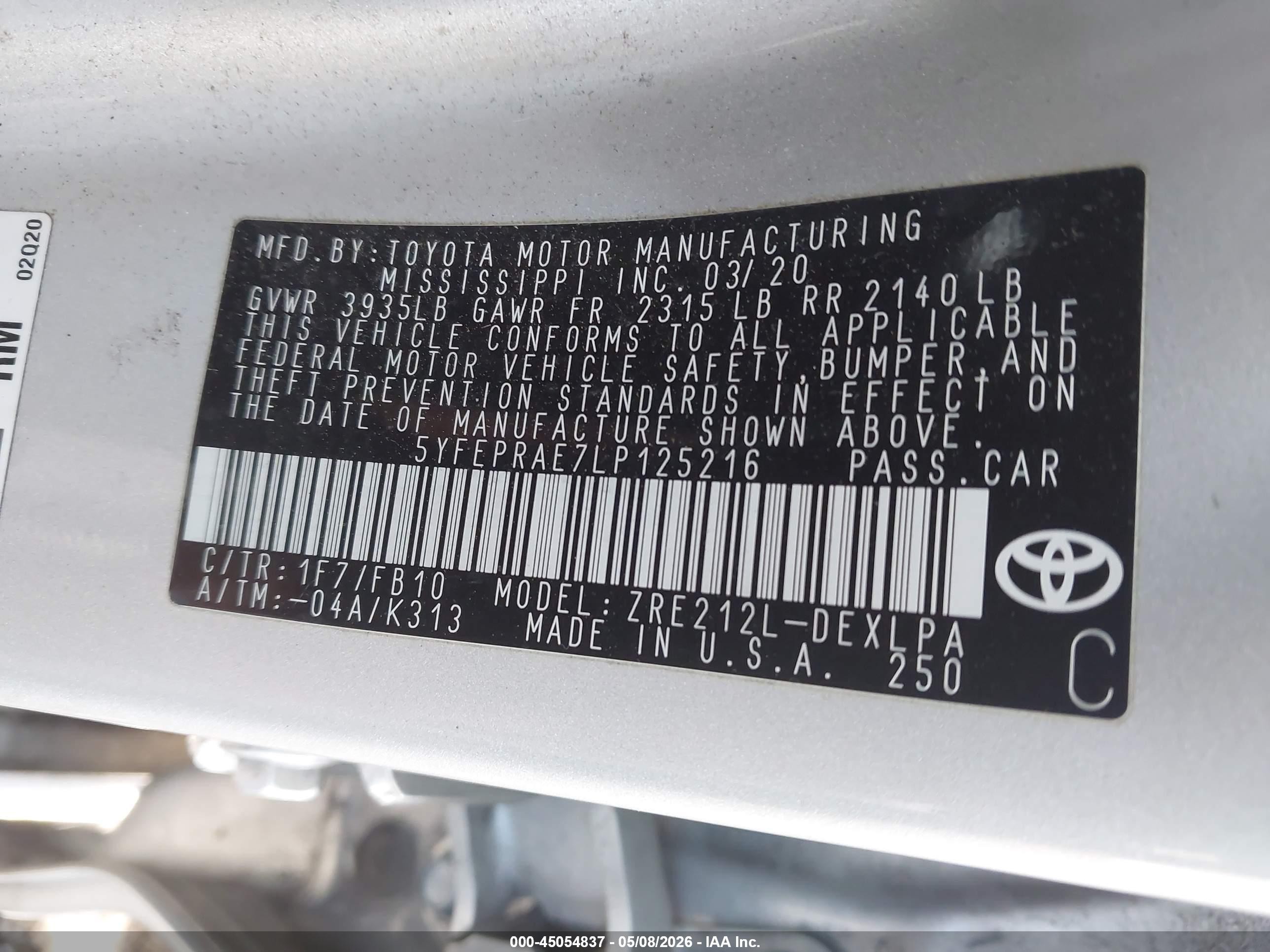 2020 Toyota Corolla Le Silver vin: 5YFEPRAE7LP125216