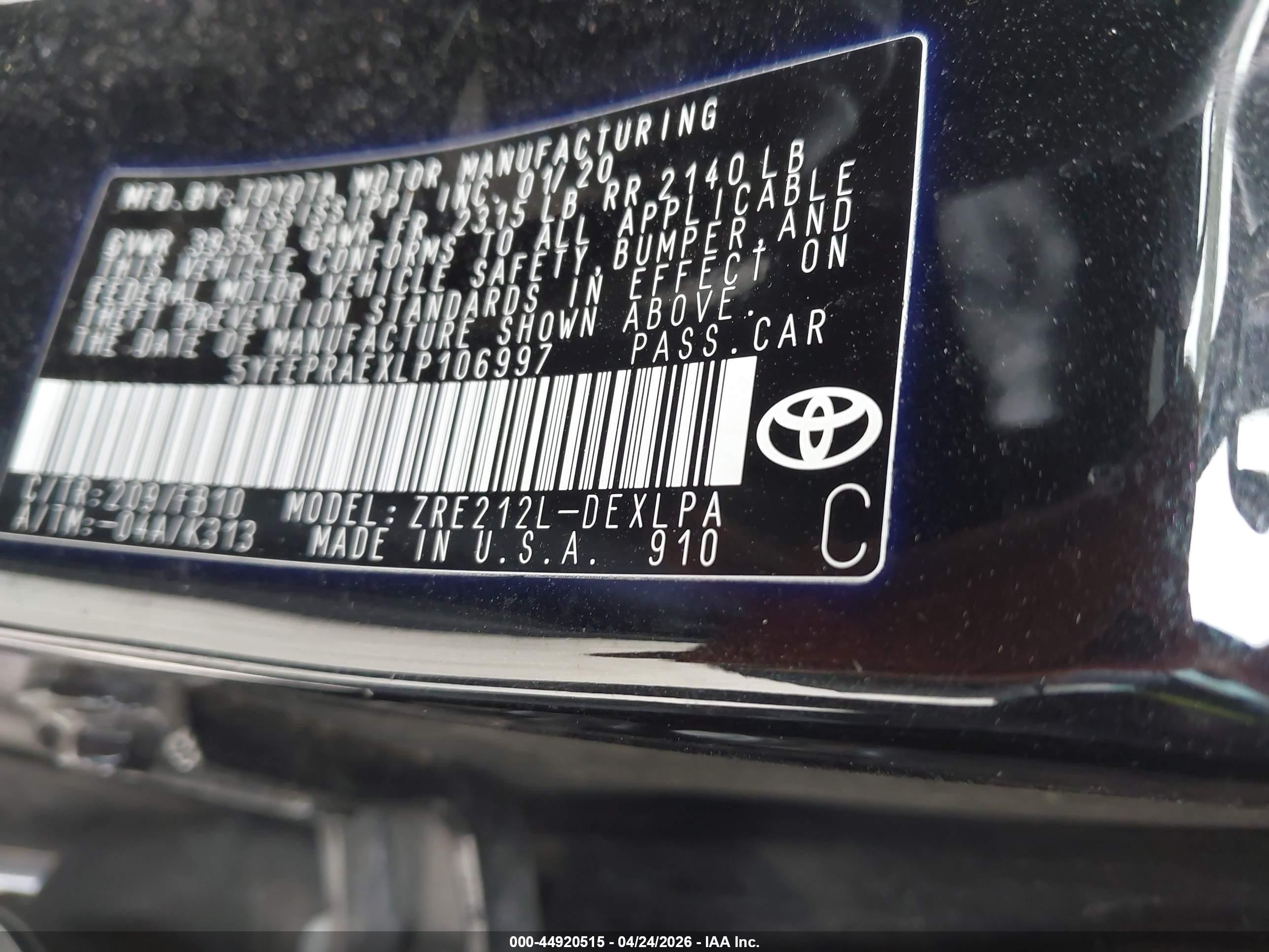 2020 Toyota Corolla Le Black vin: 5YFEPRAEXLP106997